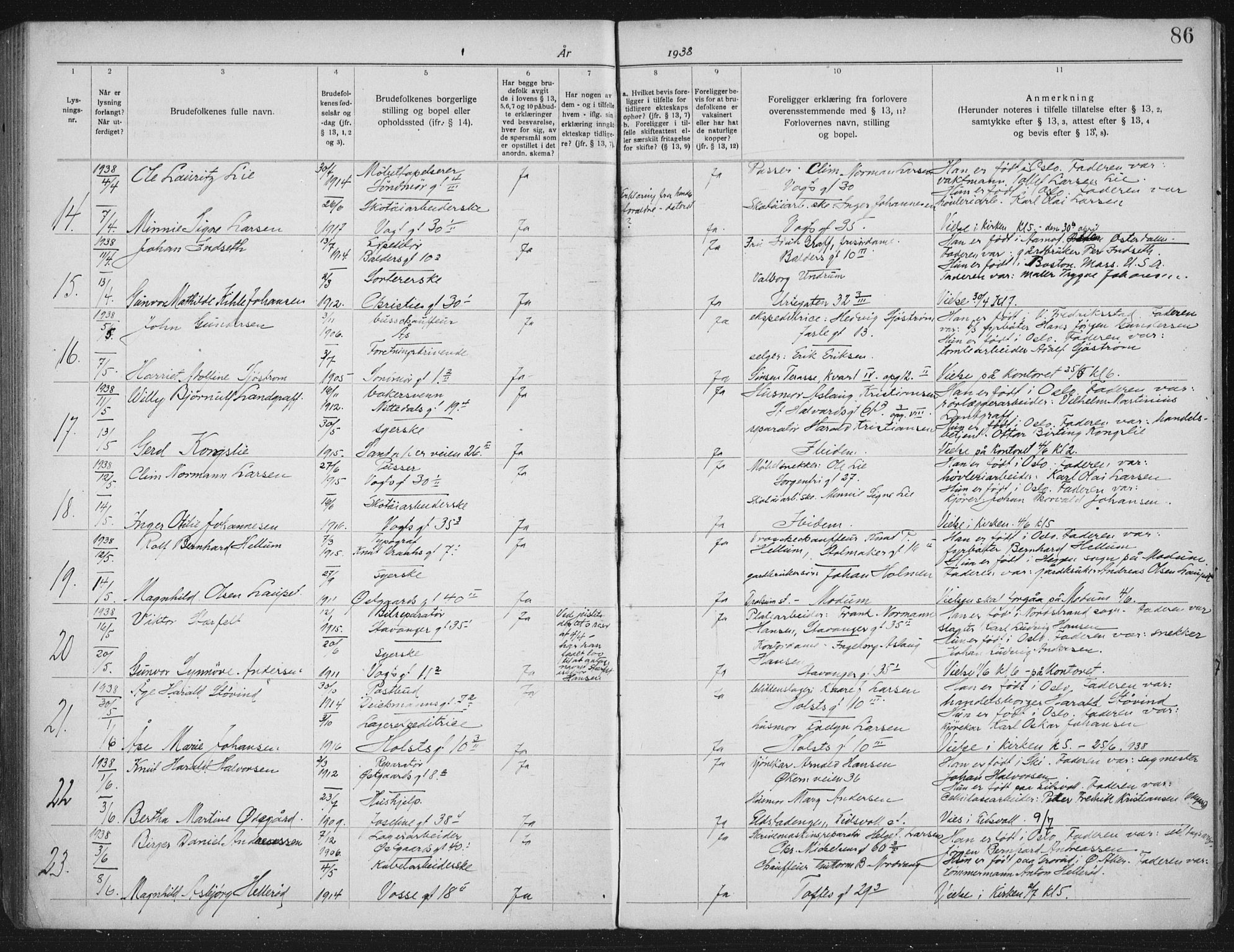 Lilleborg prestekontor Kirkebøker, AV/SAO-A-10343a/H/L0002: Lysningsprotokoll nr. 2, 1919-1940, s. 86