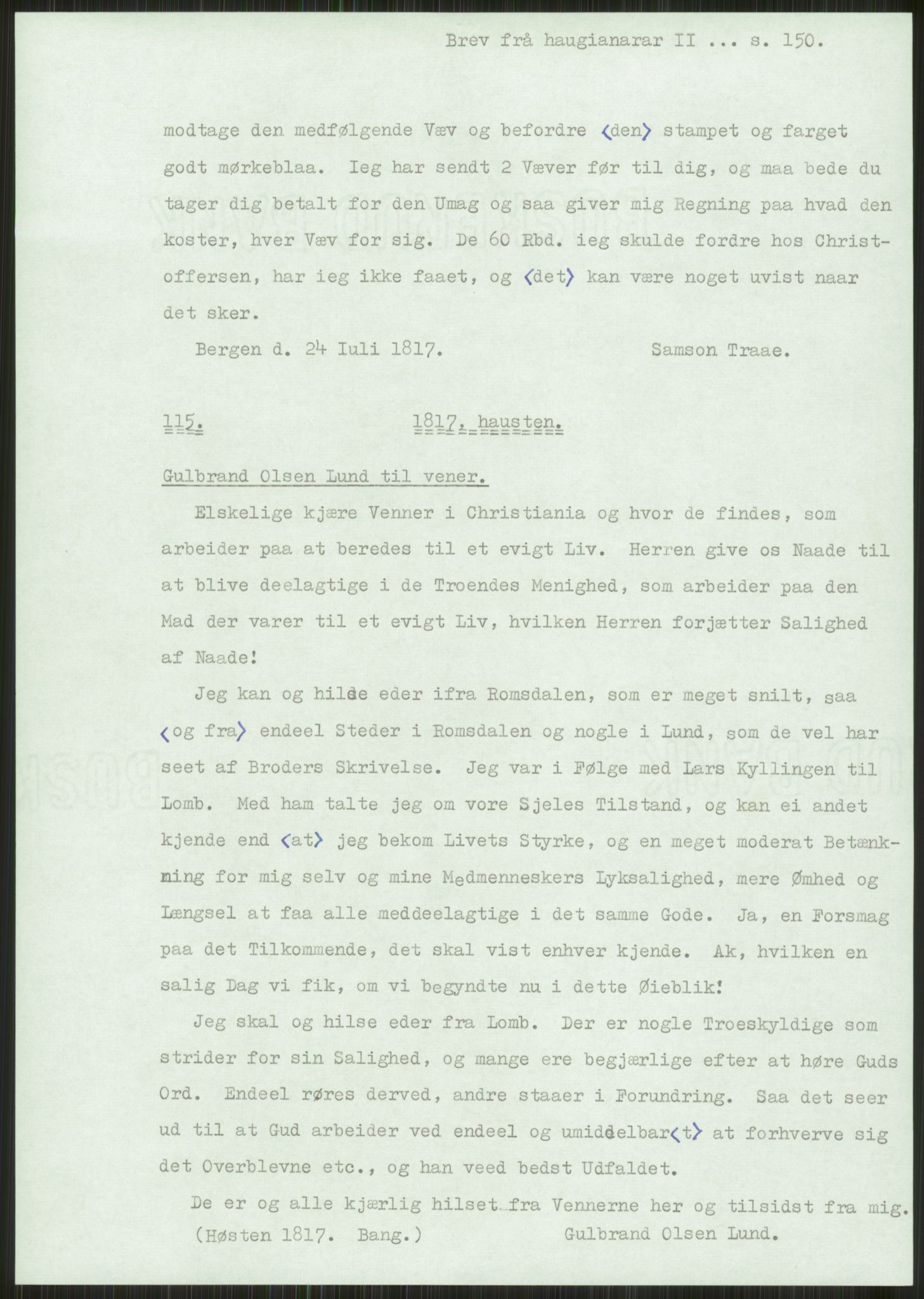 Samlinger til kildeutgivelse, Haugianerbrev, AV/RA-EA-6834/F/L0002: Haugianerbrev II: 1805-1821, 1805-1821, s. 150