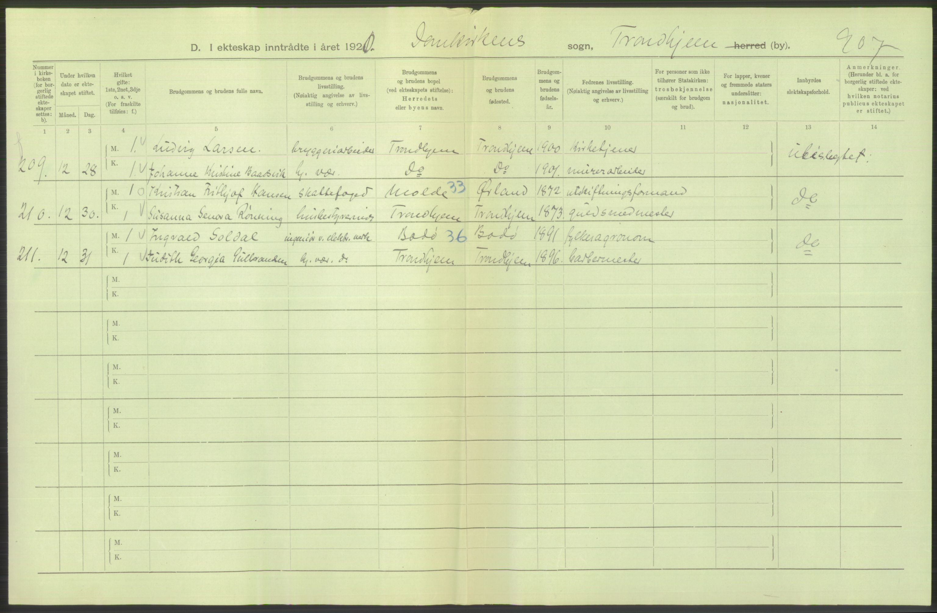 Statistisk sentralbyrå, Sosiodemografiske emner, Befolkning, AV/RA-S-2228/D/Df/Dfb/Dfbj/L0052: Trondheim: Gifte, døde, dødfødte., 1920