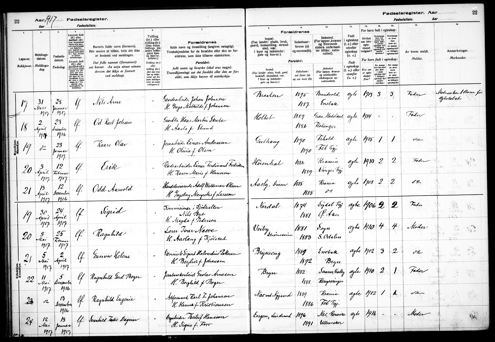 Østre Aker prestekontor Kirkebøker, AV/SAO-A-10840/J/Ja/L0001: Fødselsregister nr. I 1, 1916-1923, s. 22