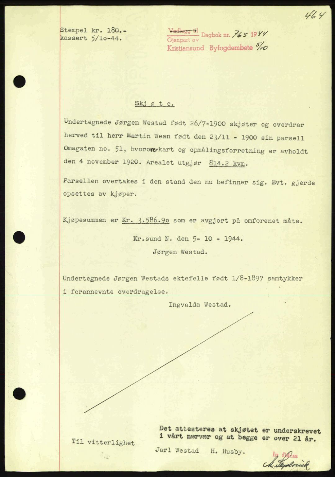 Kristiansund byfogd, AV/SAT-A-4587/A/27: Pantebok nr. 34, 1941-1945, Dagboknr: 765/1944