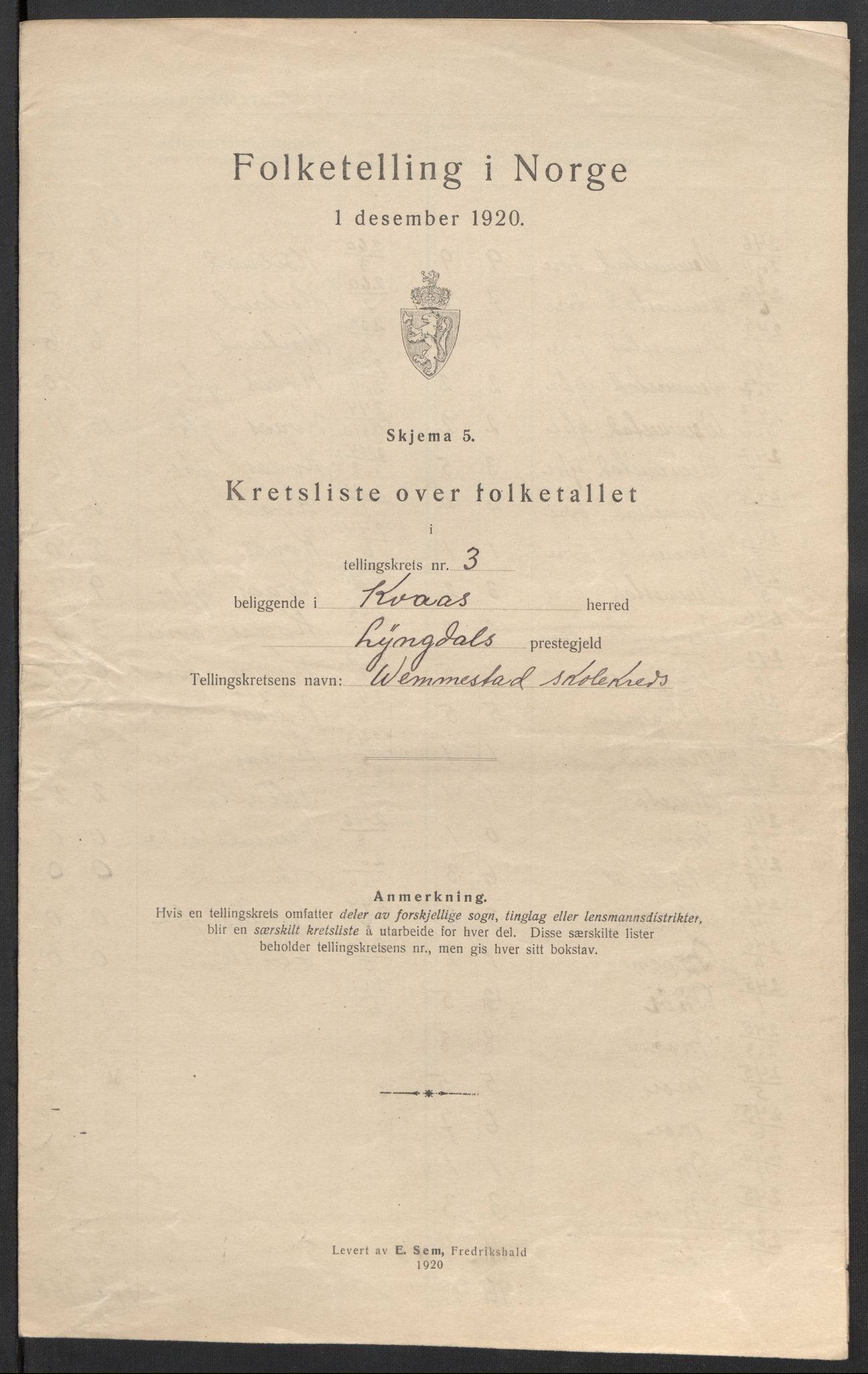 SAK, Folketelling 1920 for 1033 Kvås herred, 1920, s. 16