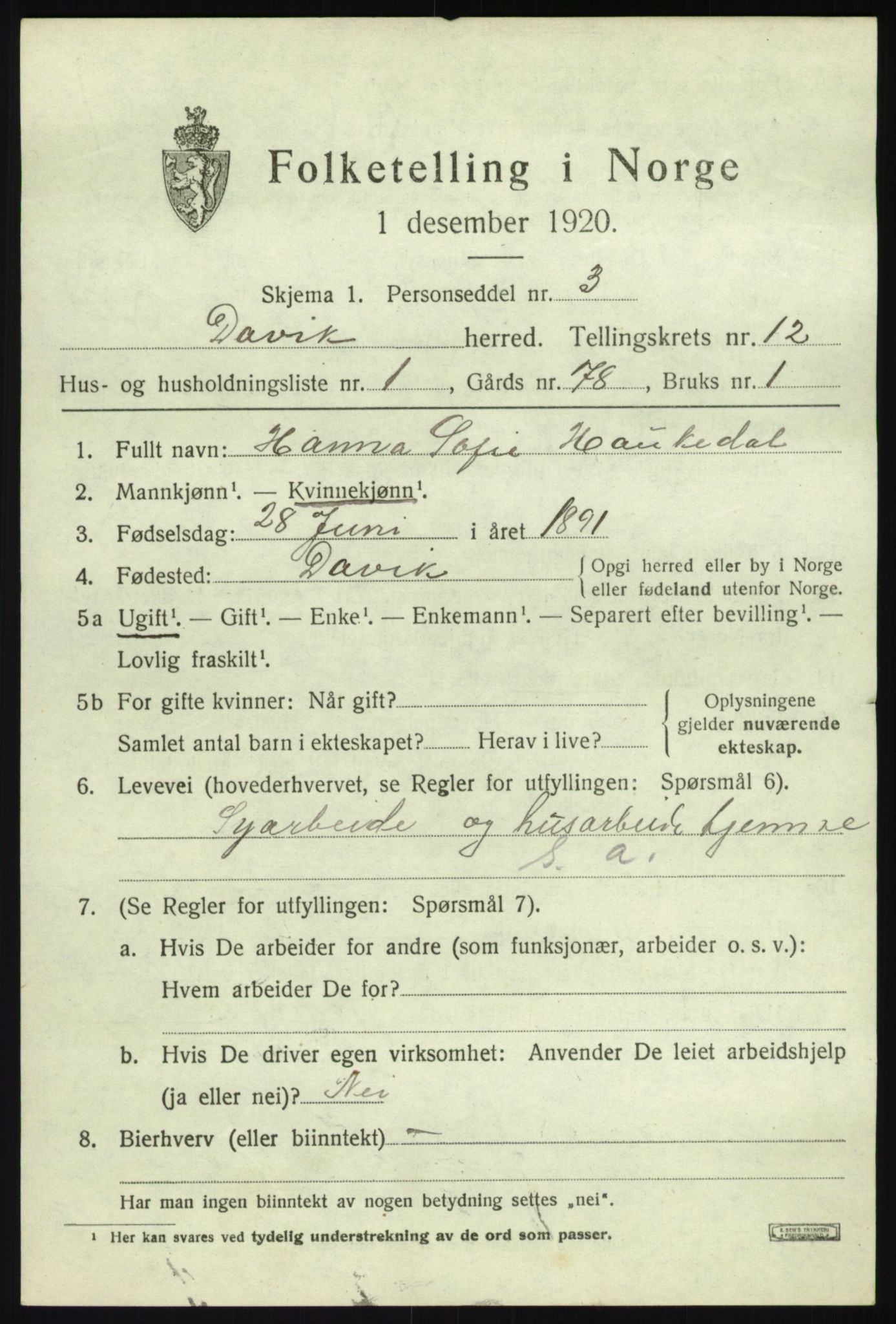 SAB, Folketelling 1920 for 1442 Davik herred, 1920, s. 5797