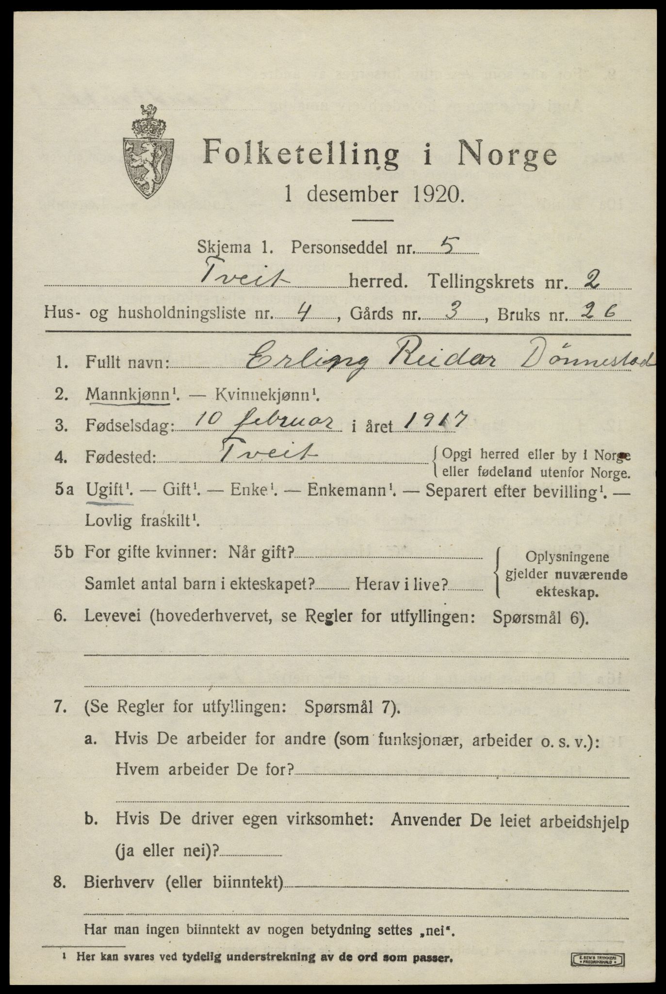 SAK, Folketelling 1920 for 1013 Tveit herred, 1920, s. 1258