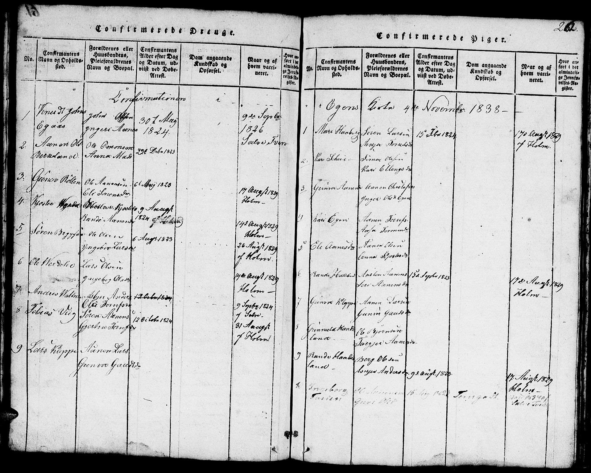 Hægebostad sokneprestkontor, SAK/1111-0024/F/Fb/Fbb/L0001: Klokkerbok nr. B 1, 1816-1850, s. 262