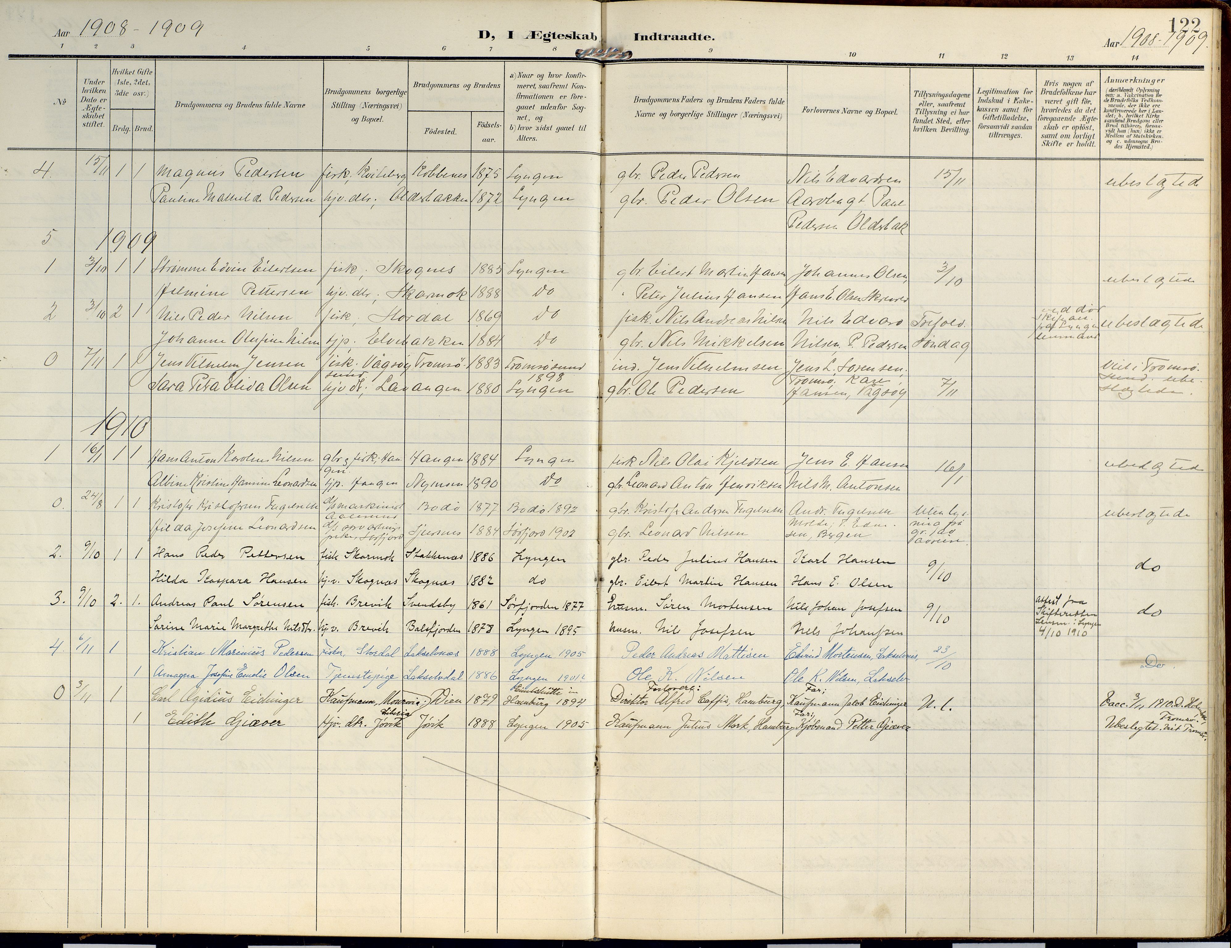 Lyngen sokneprestembete, AV/SATØ-S-1289/H/He/Hea/L0014kirke: Ministerialbok nr. 14, 1905-1920, s. 122