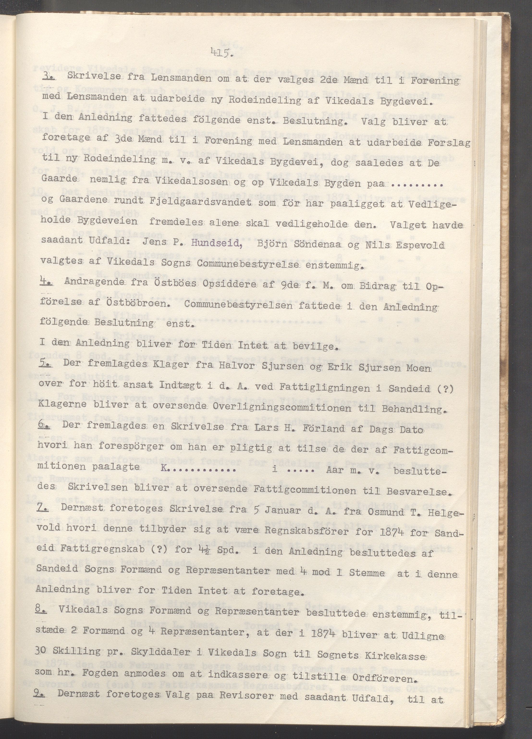 Vikedal kommune - Formannskapet, IKAR/K-100598/A/Ac/L0002: Avskrift av møtebok, 1862-1874, s. 415