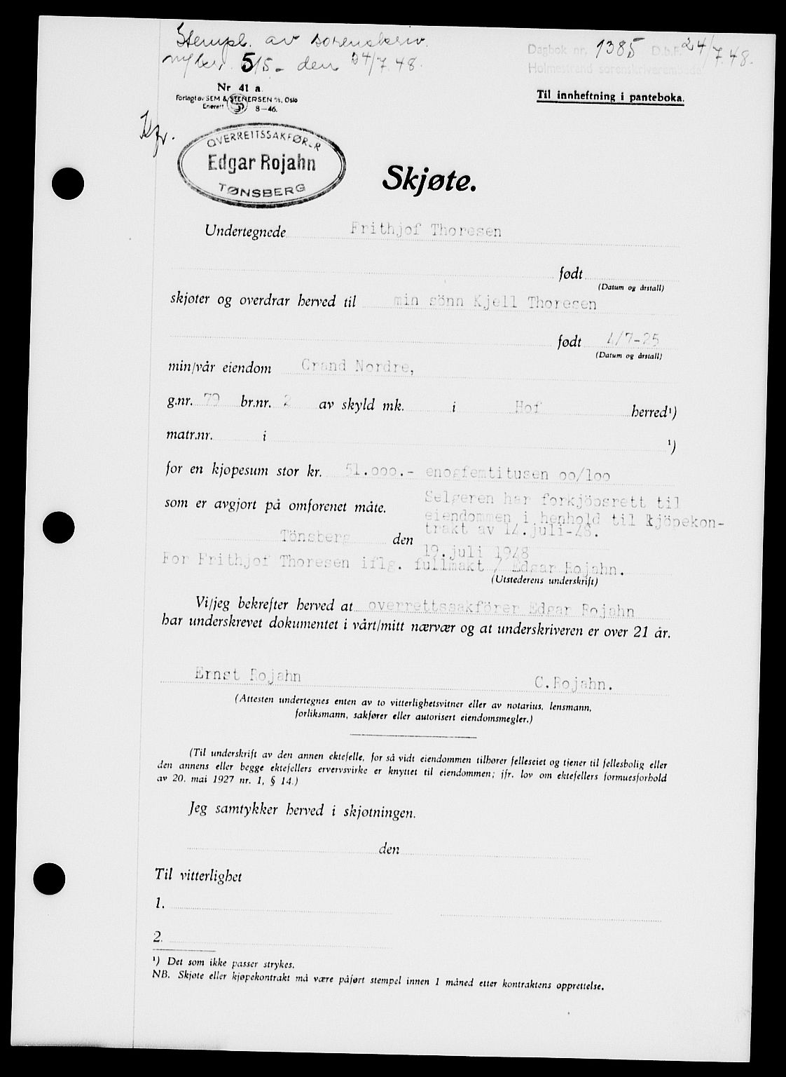 Holmestrand sorenskriveri, SAKO/A-67/G/Ga/Gaa/L0064: Pantebok nr. A-64, 1948-1948, Dagboknr: 1385/1948