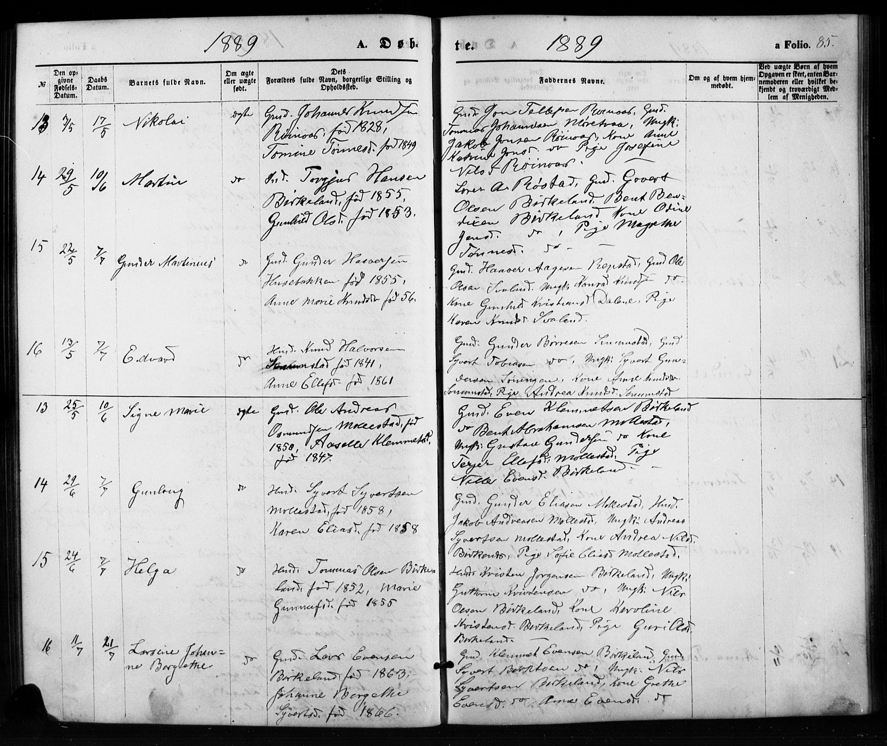 Birkenes sokneprestkontor, AV/SAK-1111-0004/F/Fb/L0003: Klokkerbok nr. B 3, 1876-1892, s. 85
