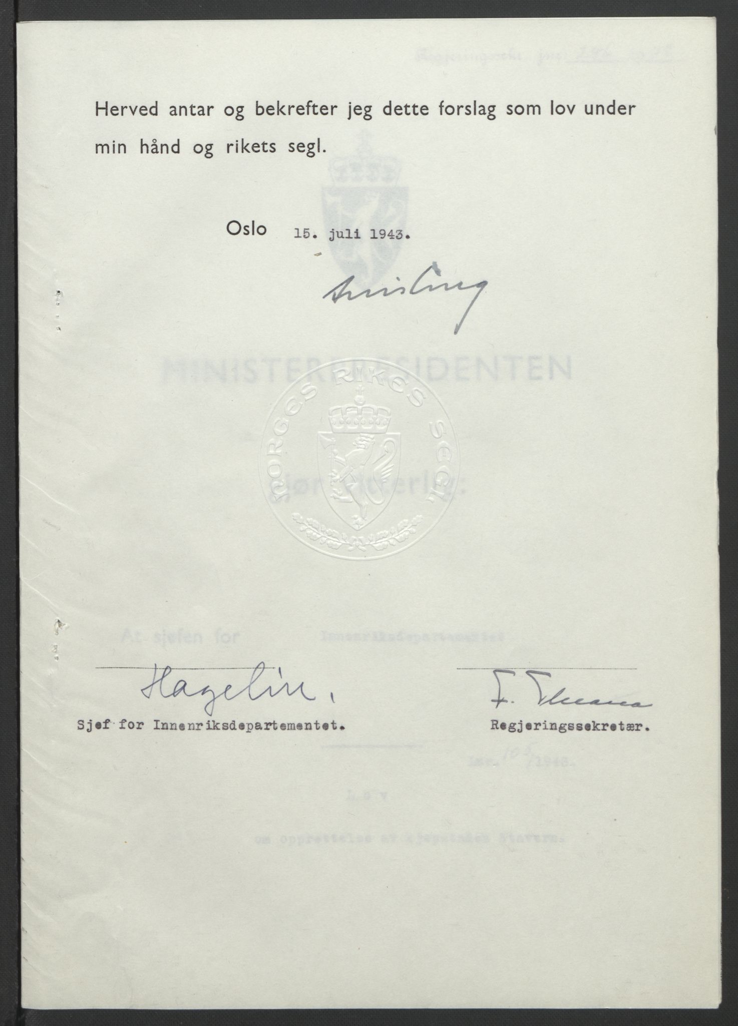 NS-administrasjonen 1940-1945 (Statsrådsekretariatet, de kommisariske statsråder mm), RA/S-4279/D/Db/L0099: Lover, 1943, s. 492