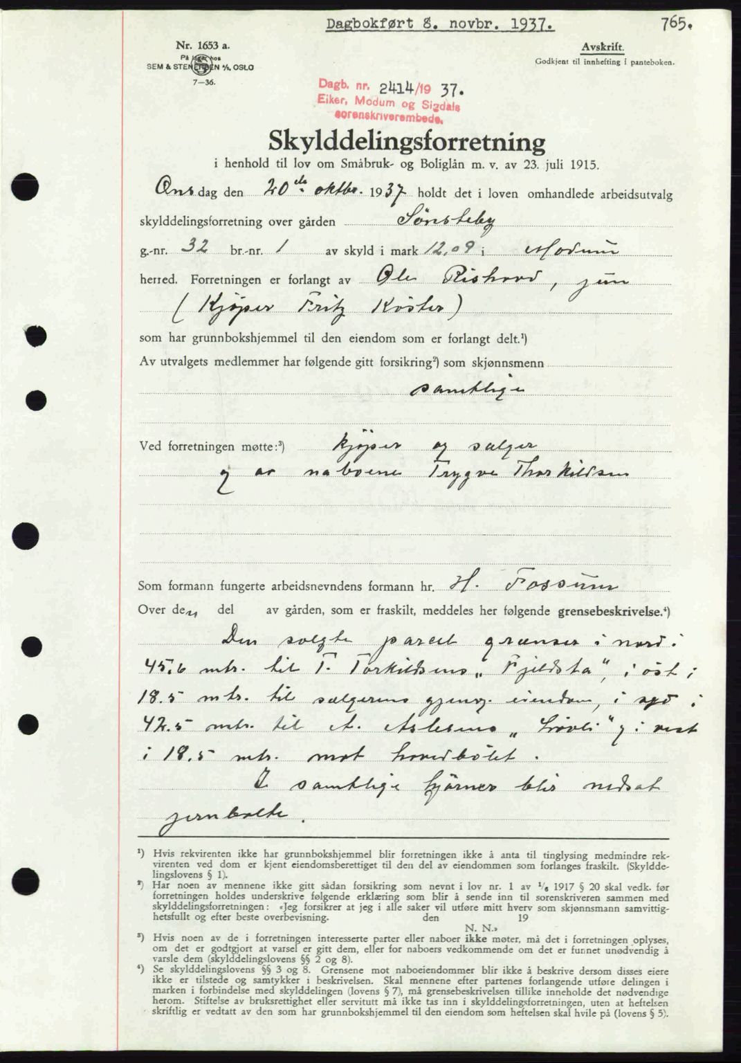 Eiker, Modum og Sigdal sorenskriveri, SAKO/A-123/G/Ga/Gab/L0036: Pantebok nr. A6, 1937-1937, Dagboknr: 2414/1937