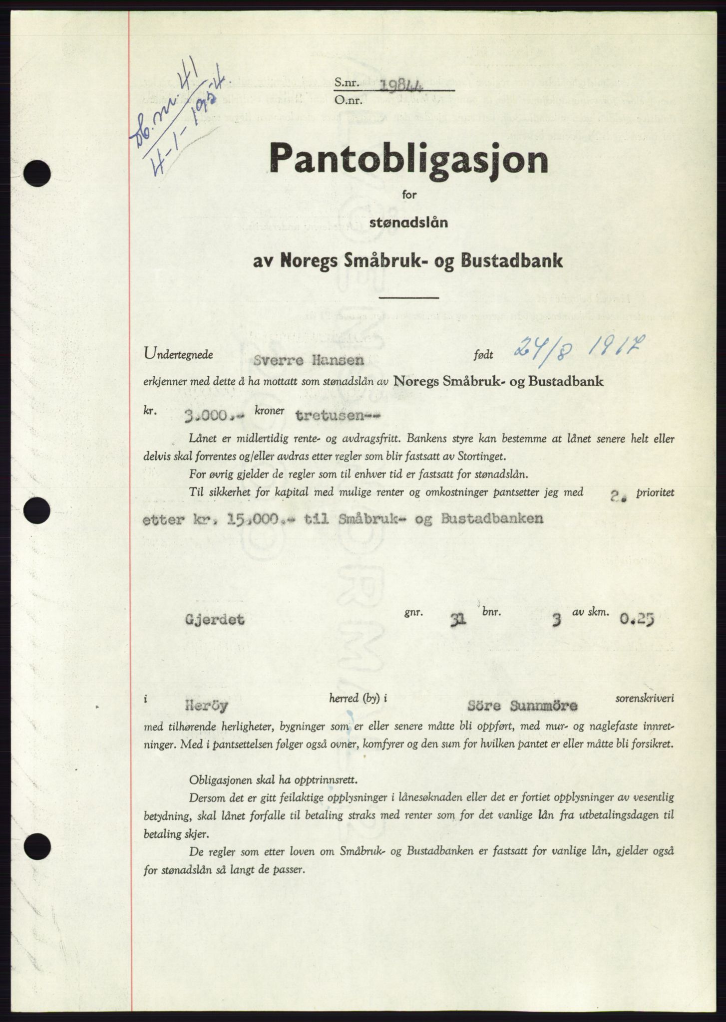 Søre Sunnmøre sorenskriveri, SAT/A-4122/1/2/2C/L0124: Pantebok nr. 12B, 1953-1954, Dagboknr: 41/1954