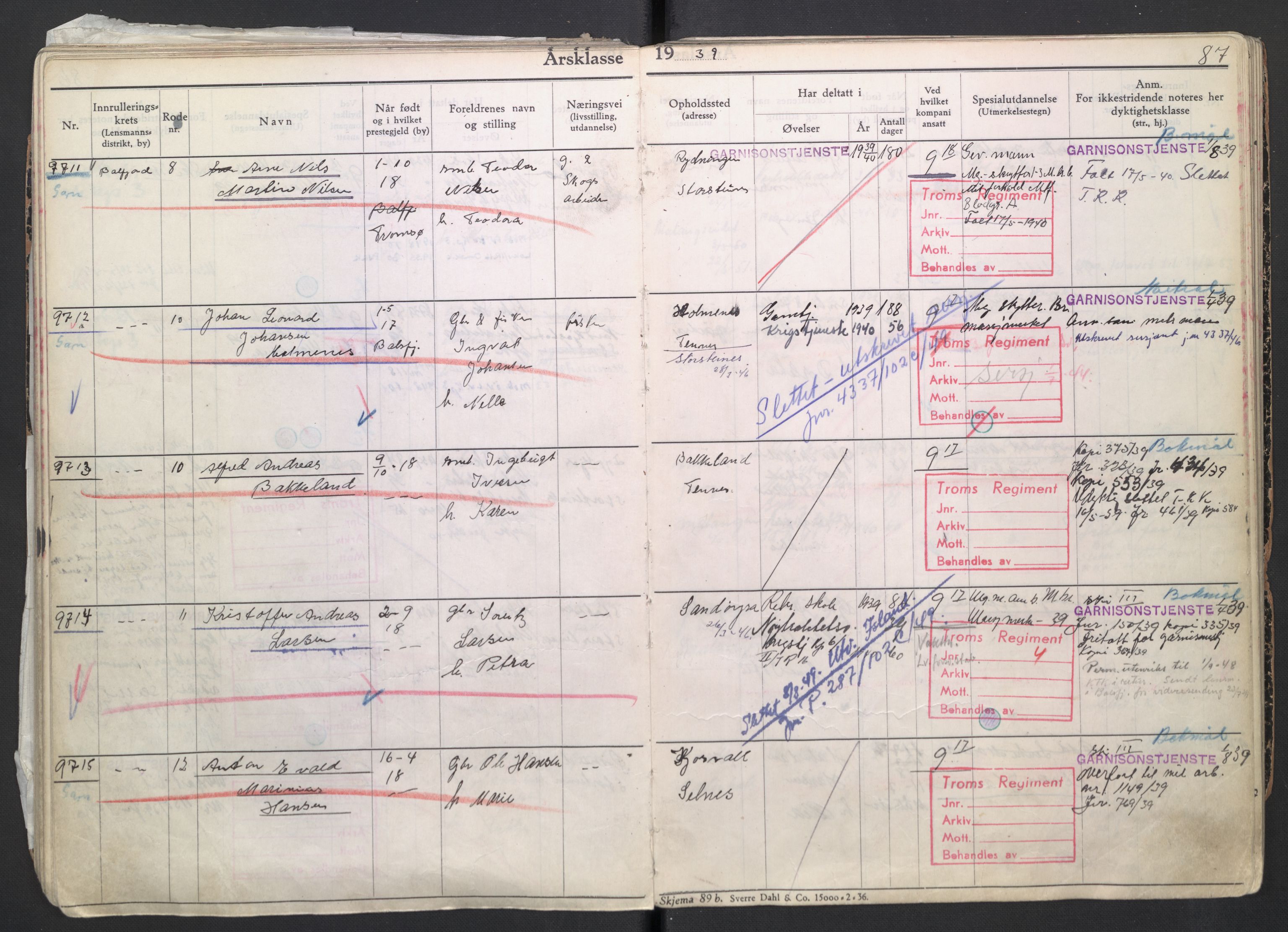 Forsvaret, Troms infanteriregiment nr. 16, AV/RA-RAFA-3146/P/Pa/L0007/0004: Ruller / Rulle for regimentets menige mannskaper, årsklasse 1939, 1939, s. 87