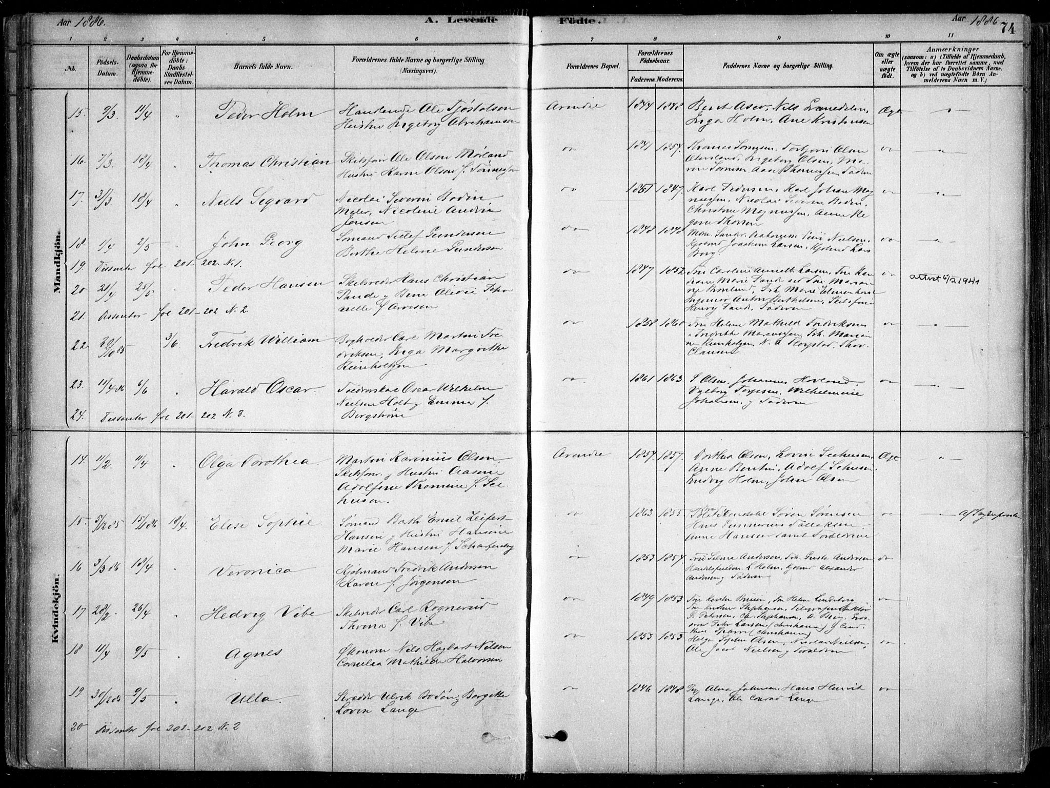 Arendal sokneprestkontor, Trefoldighet, AV/SAK-1111-0040/F/Fa/L0008: Ministerialbok nr. A 8, 1878-1899, s. 74