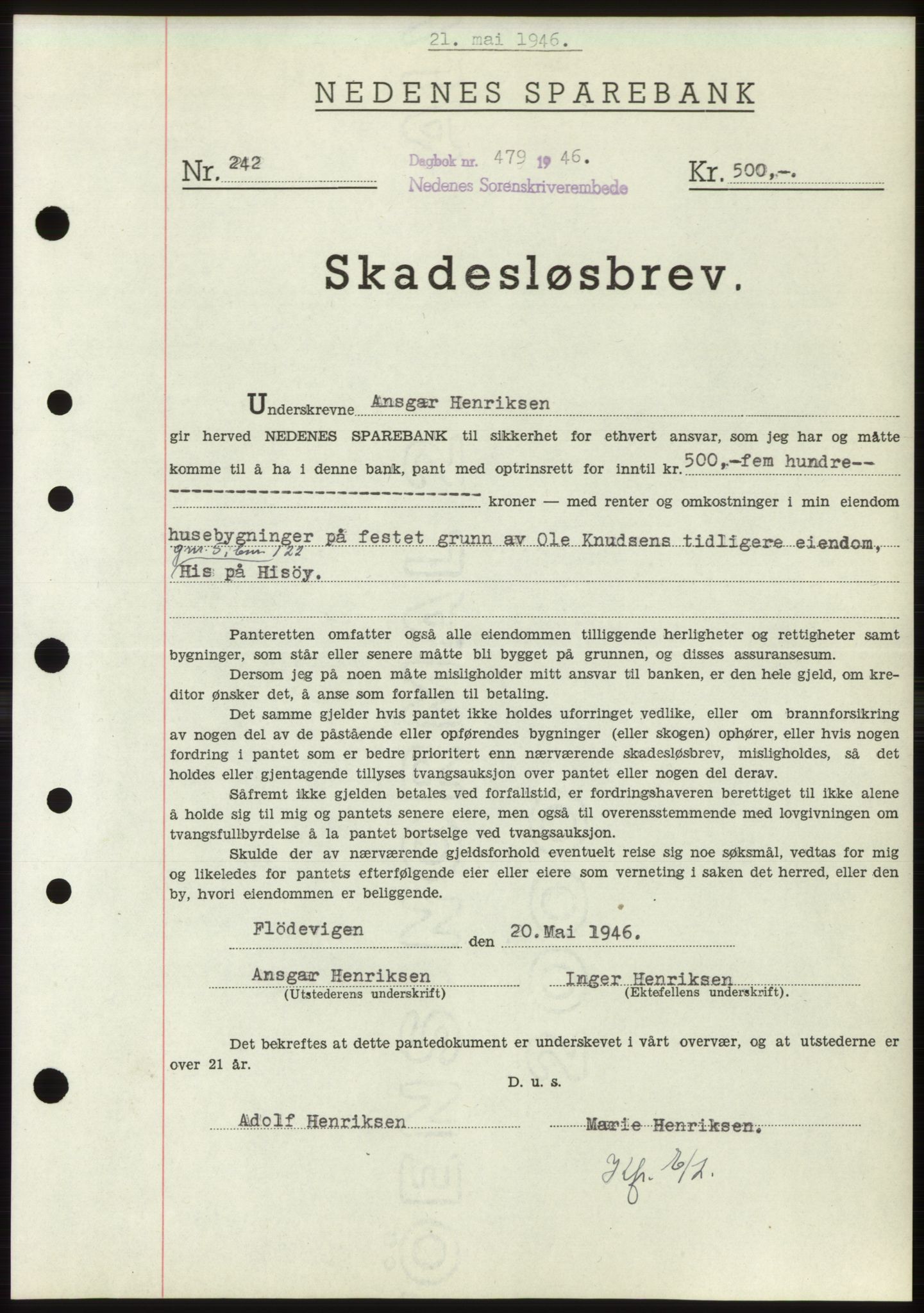 Nedenes sorenskriveri, AV/SAK-1221-0006/G/Gb/Gbb/L0003: Pantebok nr. B3b, 1946-1946, Dagboknr: 479/1946