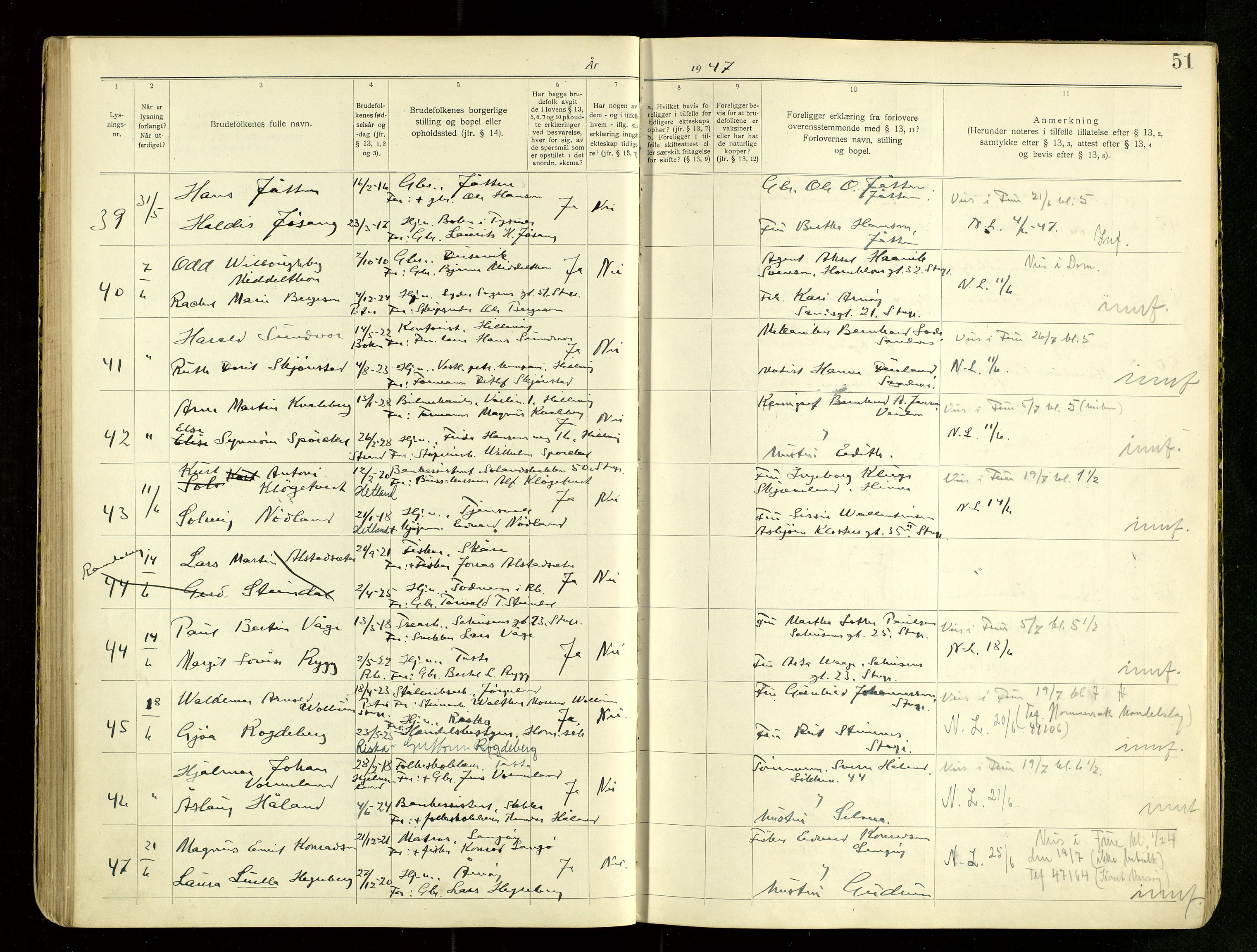 Hetland sokneprestkontor, AV/SAST-A-101826/70/705BA/L0007: Lysningsprotokoll nr. 7, 1939-1951, s. 51