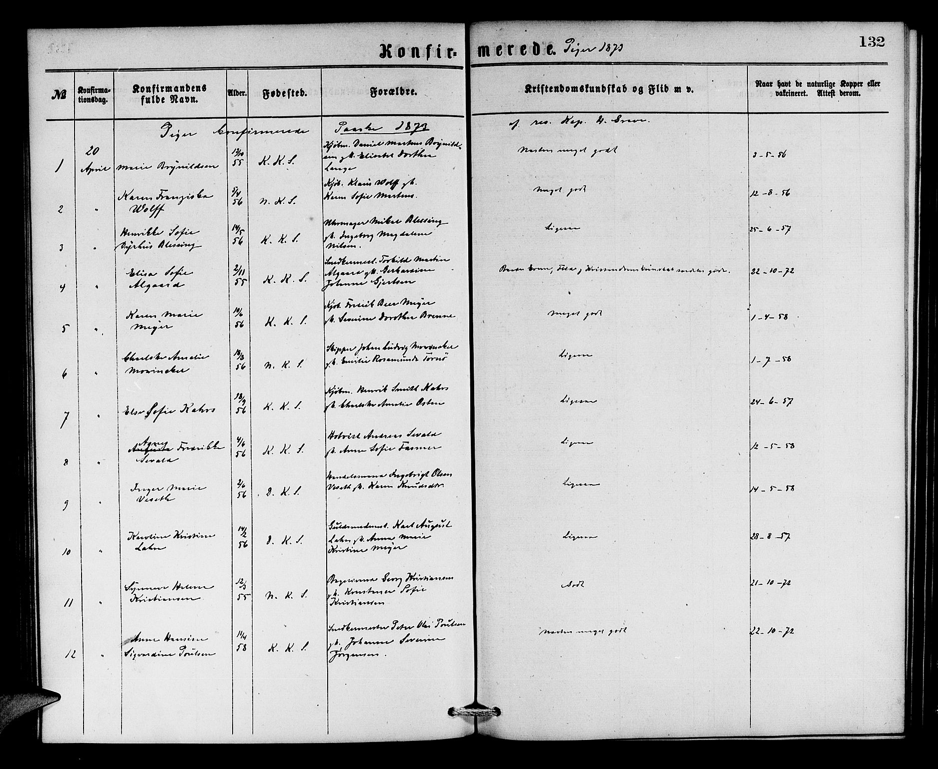 Korskirken sokneprestembete, SAB/A-76101/H/Hab: Klokkerbok nr. C 2, 1869-1879, s. 132