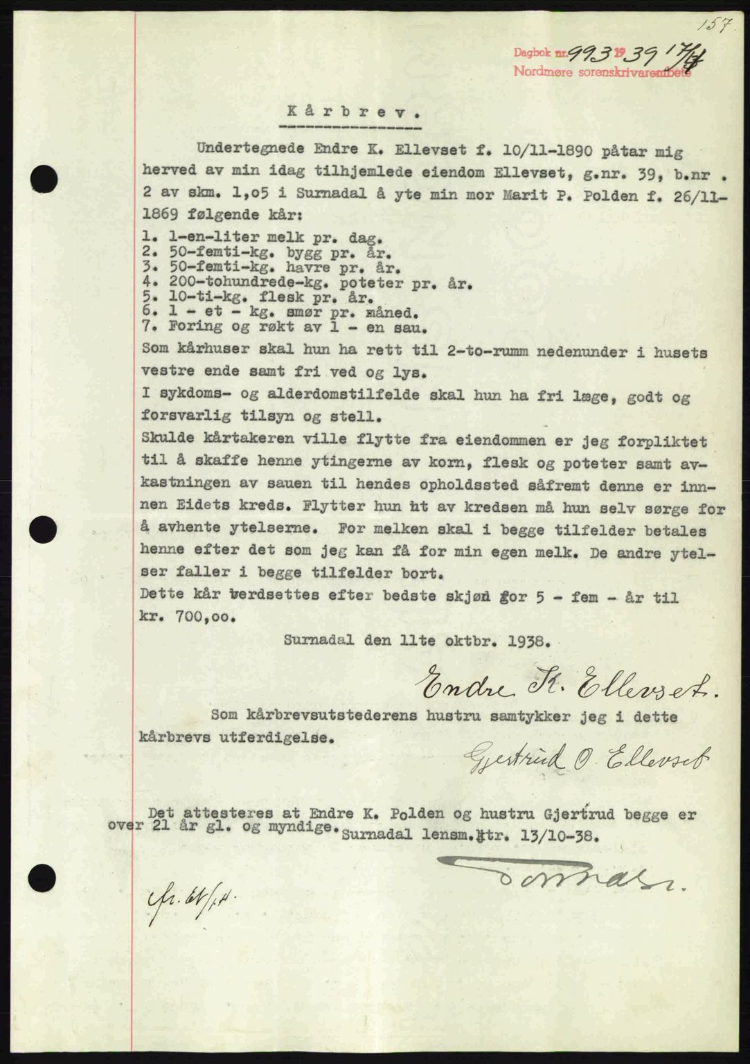 Nordmøre sorenskriveri, SAT/A-4132/1/2/2Ca: Pantebok nr. B85, 1939-1939, Dagboknr: 993/1939