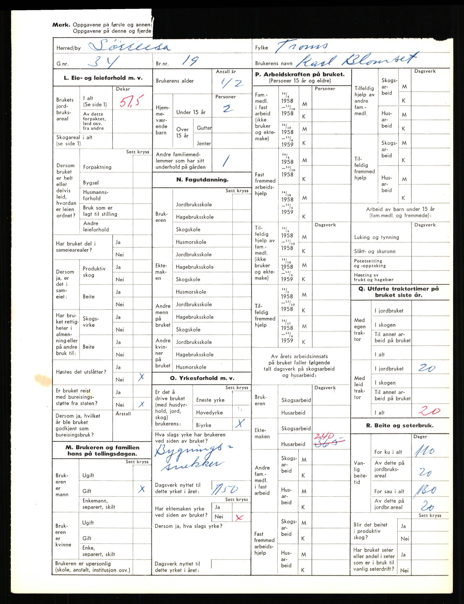 Statistisk sentralbyrå, Næringsøkonomiske emner, Jordbruk, skogbruk, jakt, fiske og fangst, AV/RA-S-2234/G/Gd/L0656: Troms: 1924 Målselv (kl. 0-3) og 1925 Sørreisa, 1959, s. 2007