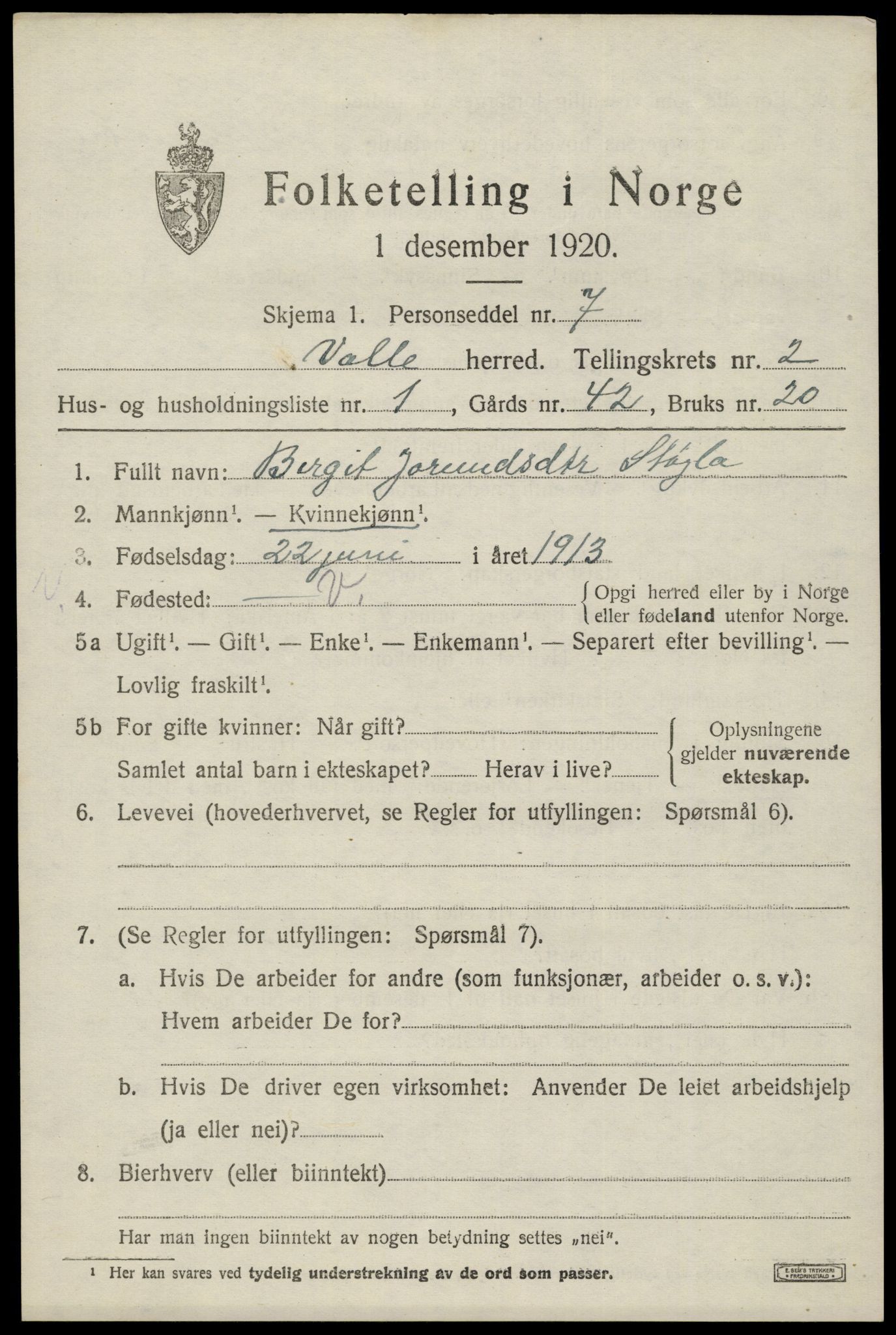 SAK, Folketelling 1920 for 0940 Valle herred, 1920, s. 965