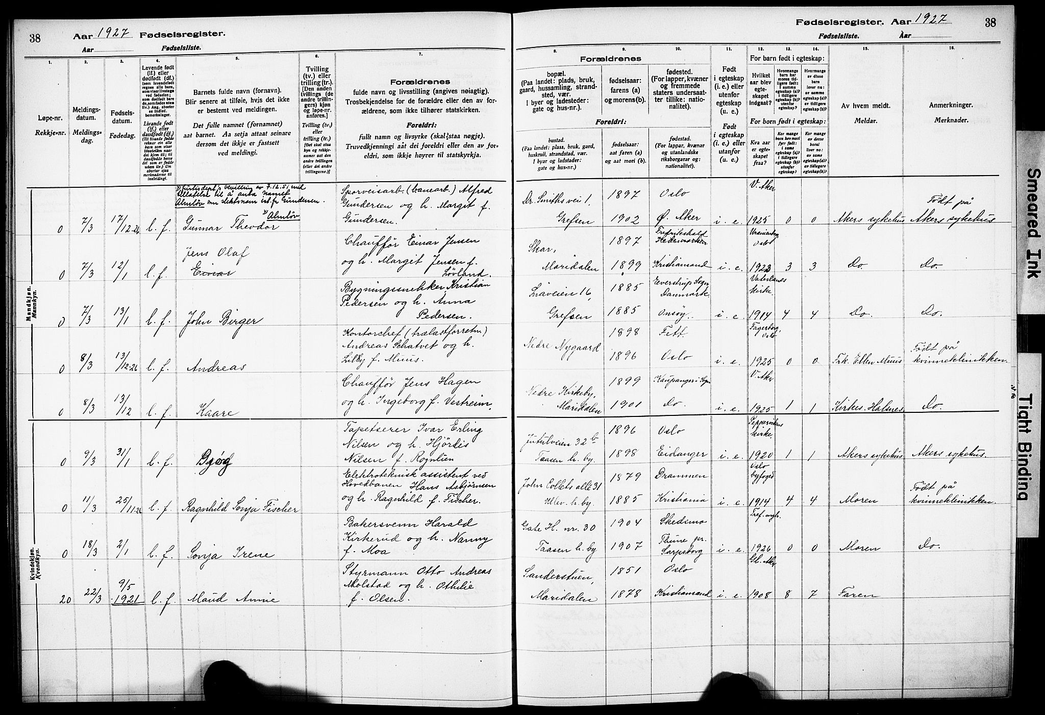 Vestre Aker prestekontor Kirkebøker, AV/SAO-A-10025/J/Ja/L0003: Fødselsregister nr. 3, 1926-1930, s. 38