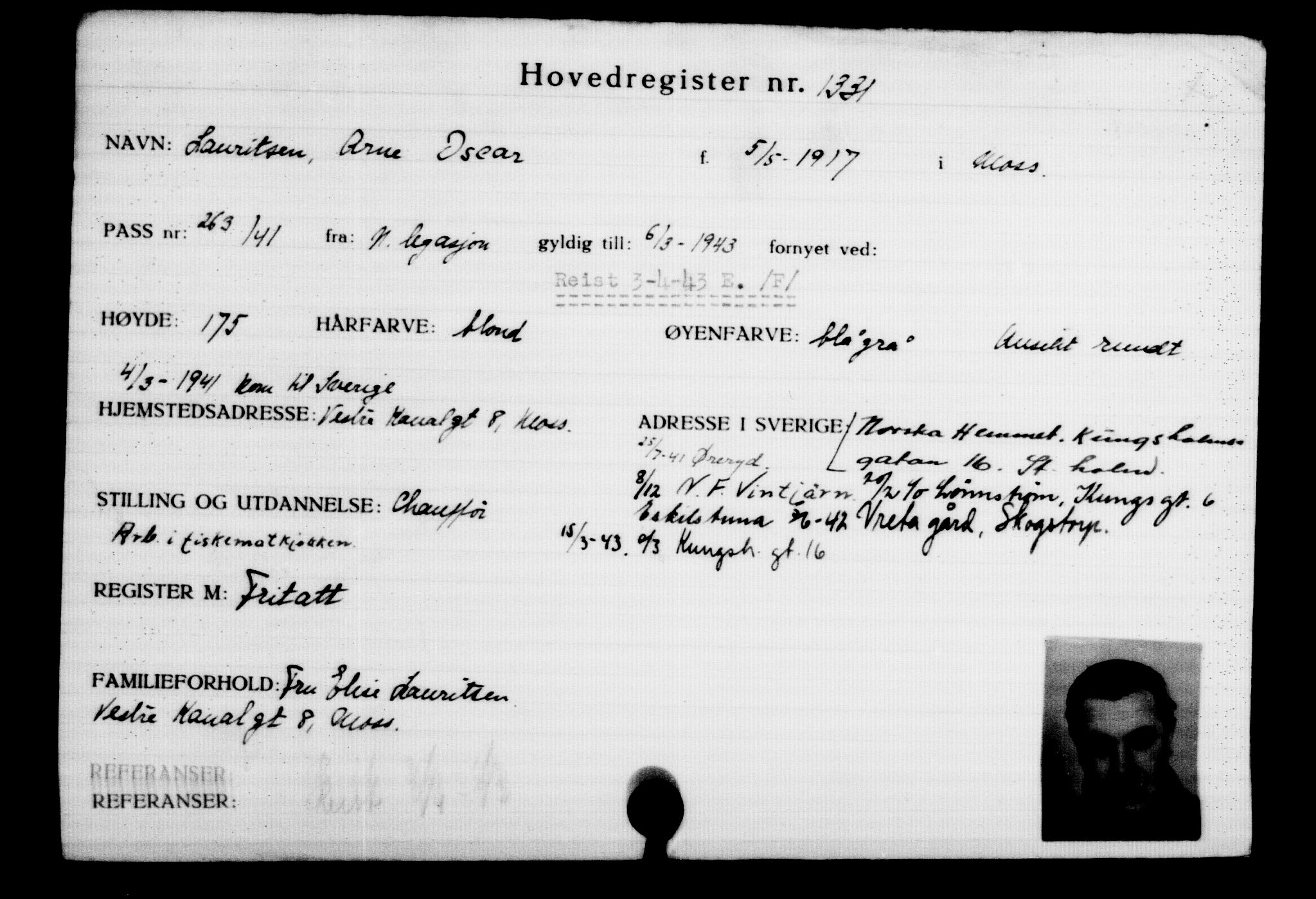 Utenriksstasjonene, Legasjonen i Stockholm, Flyktningkontoret, AV/RA-S-6753/V/Va/L0002: Kjesäterkartoteket, flyktninger med registreringsnr. 1001-2000, 1940-1945, s. 485