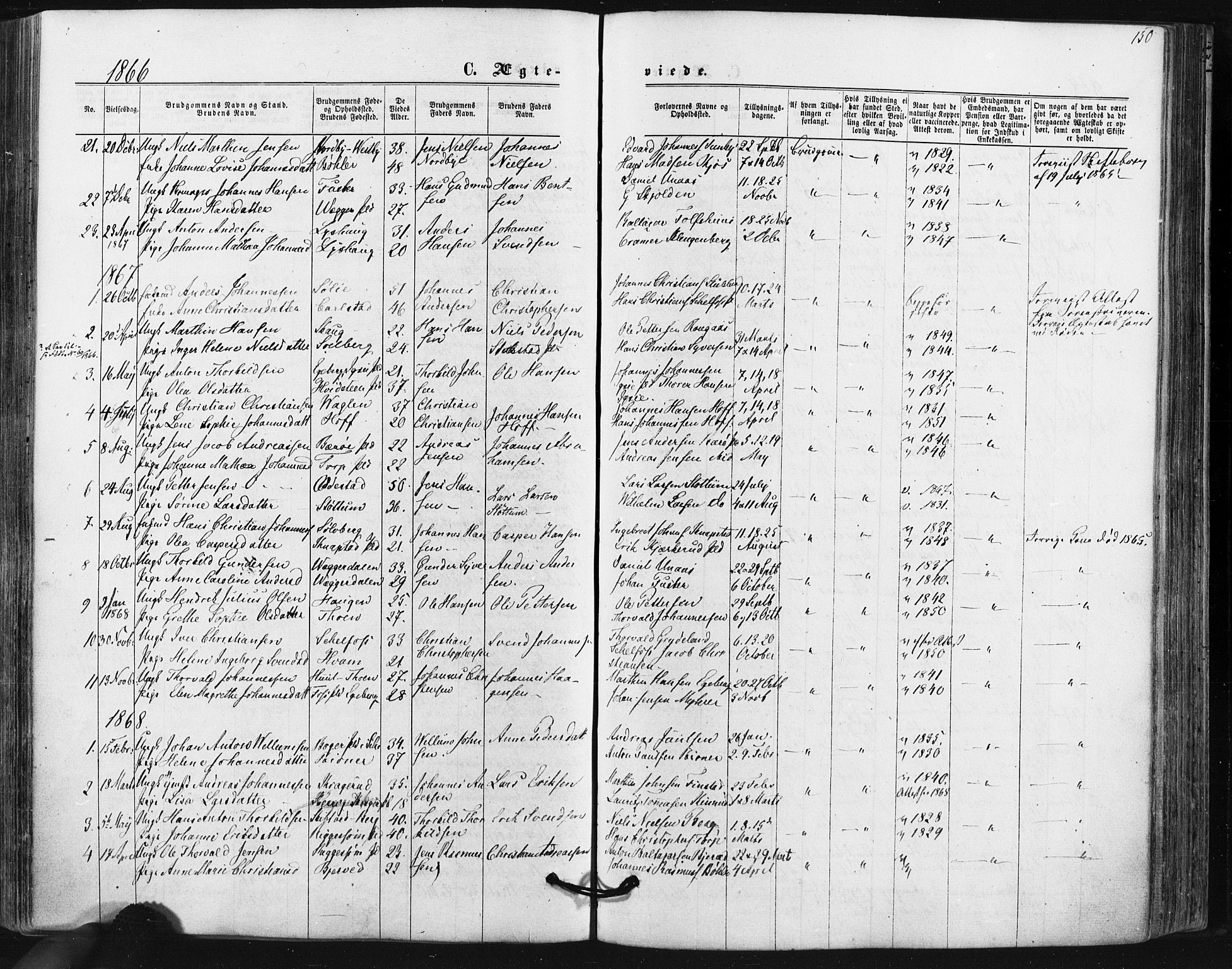 Hobøl prestekontor Kirkebøker, AV/SAO-A-2002/F/Fa/L0004: Ministerialbok nr. I 4, 1865-1877, s. 150