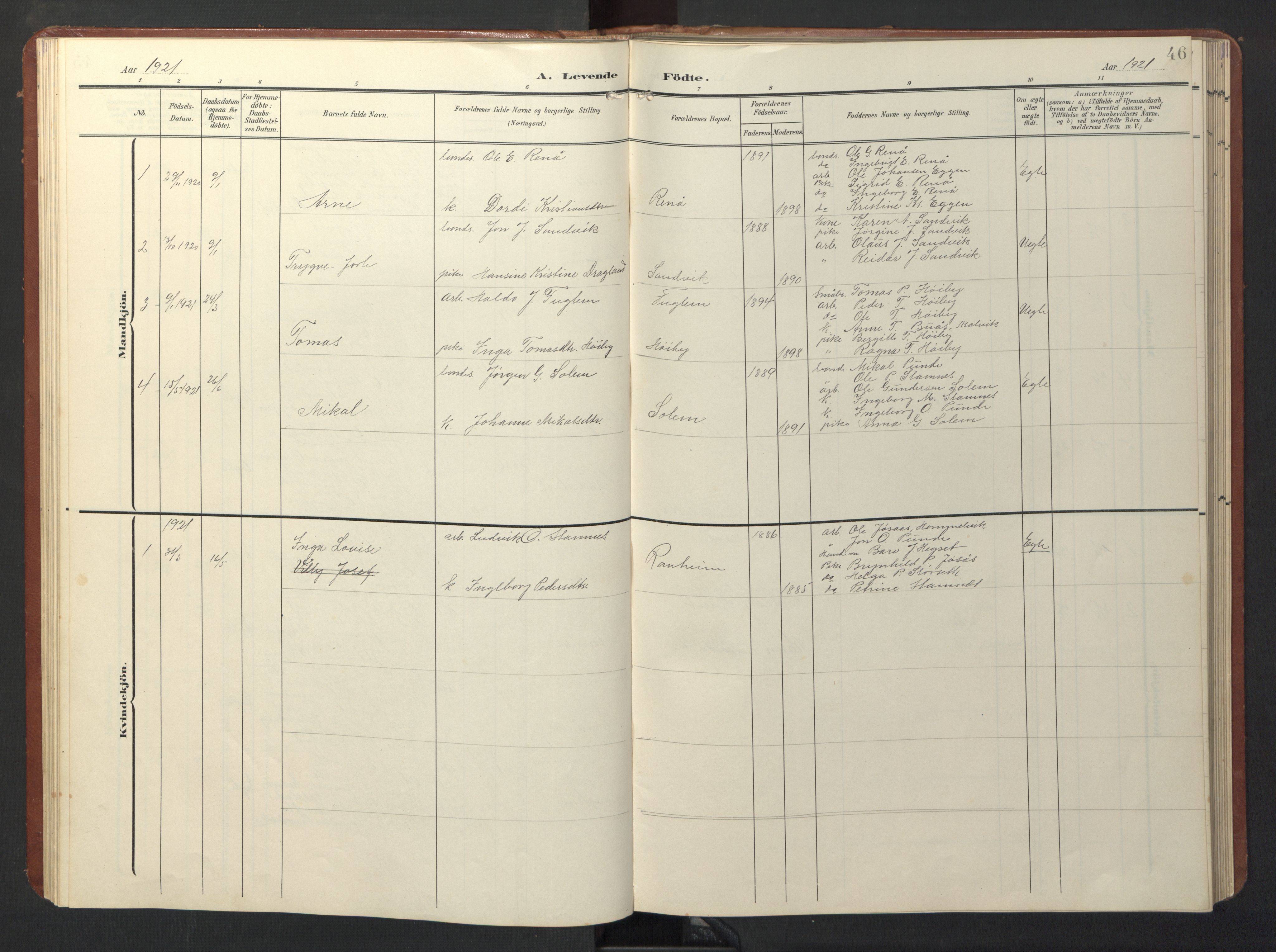 Ministerialprotokoller, klokkerbøker og fødselsregistre - Sør-Trøndelag, SAT/A-1456/696/L1161: Klokkerbok nr. 696C01, 1902-1950, s. 46