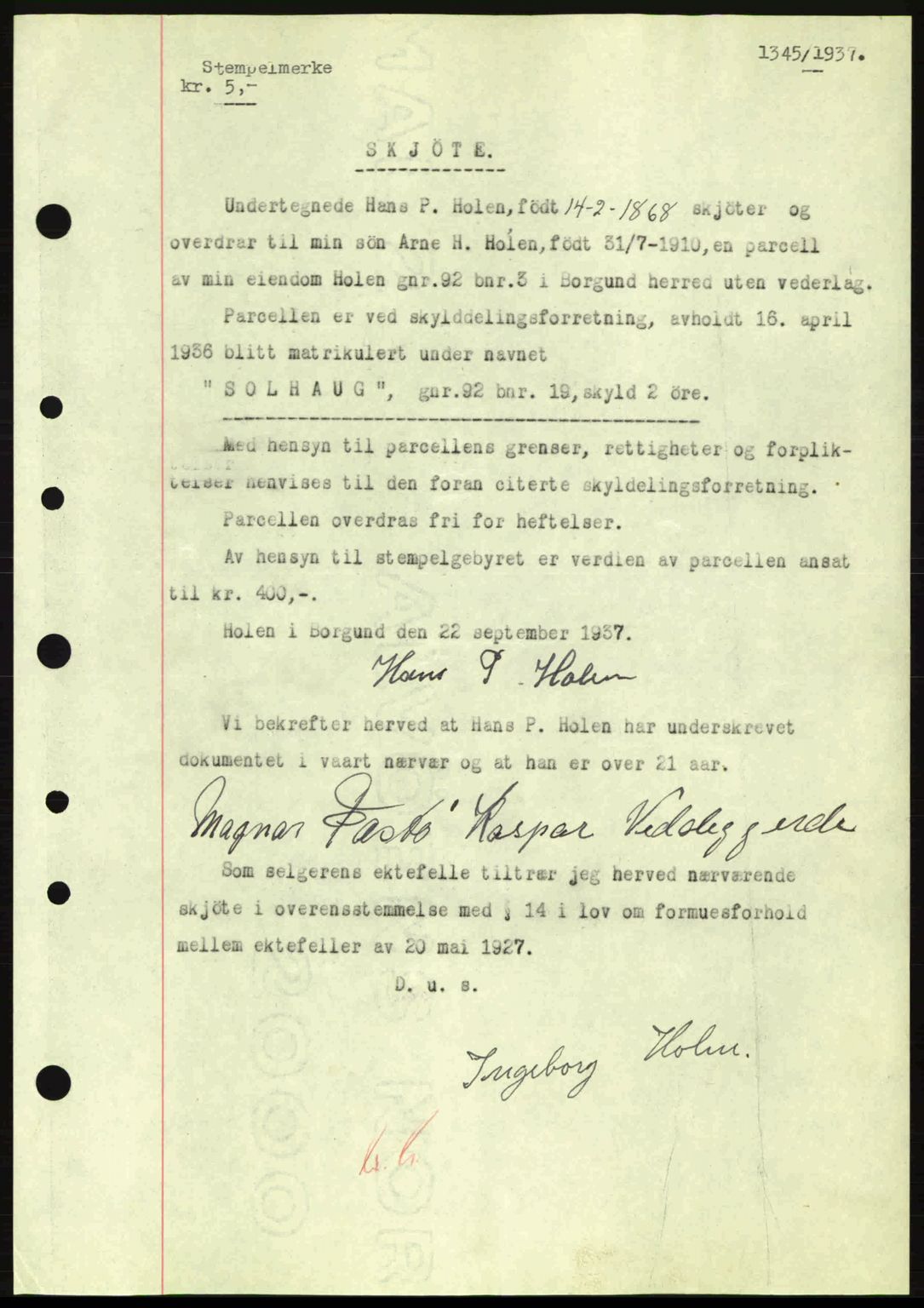 Nordre Sunnmøre sorenskriveri, SAT/A-0006/1/2/2C/2Ca: Pantebok nr. A3, 1937-1937, Dagboknr: 1345/1937