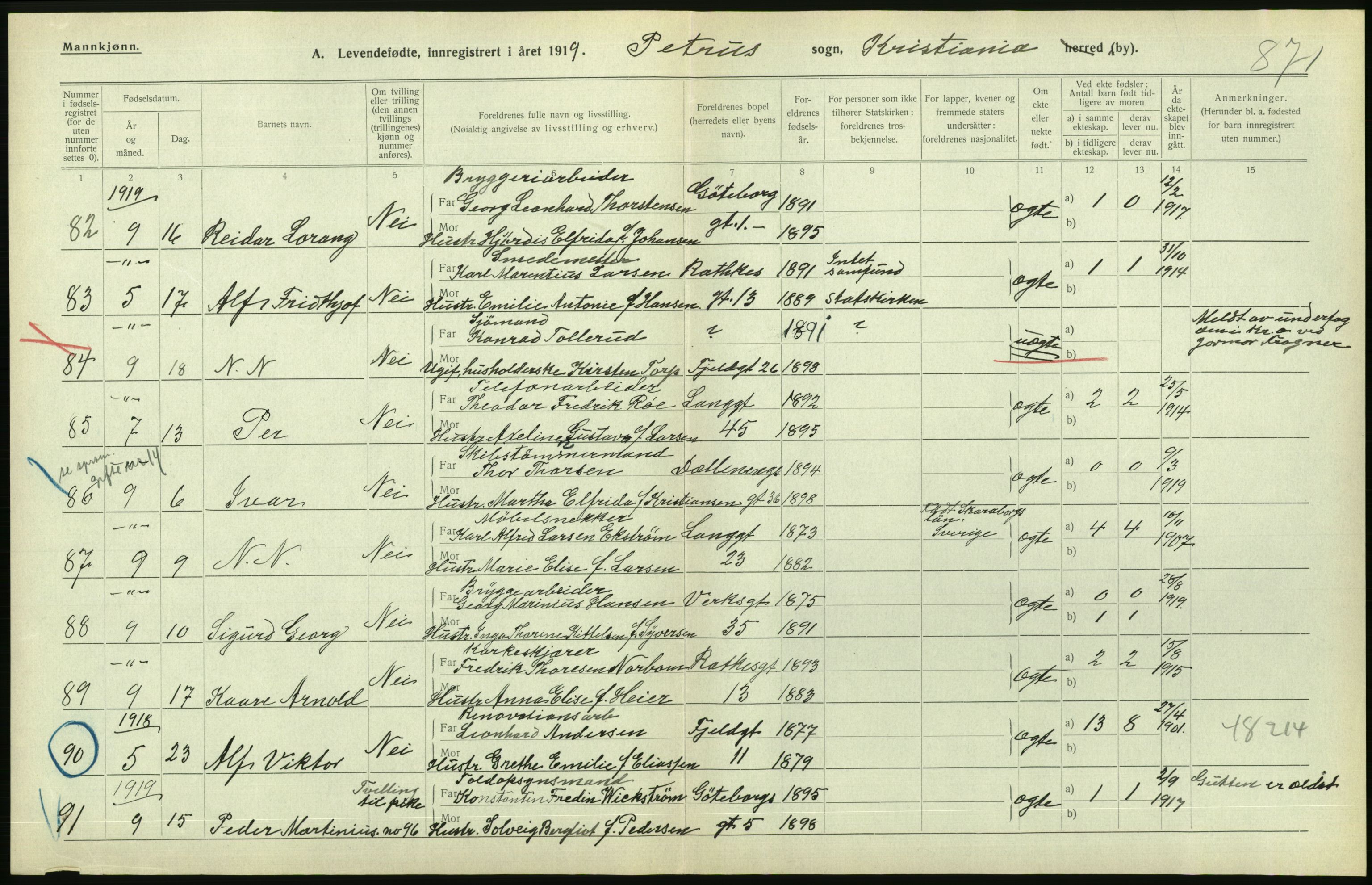 Statistisk sentralbyrå, Sosiodemografiske emner, Befolkning, AV/RA-S-2228/D/Df/Dfb/Dfbi/L0008: Kristiania: Levendefødte menn og kvinner., 1919