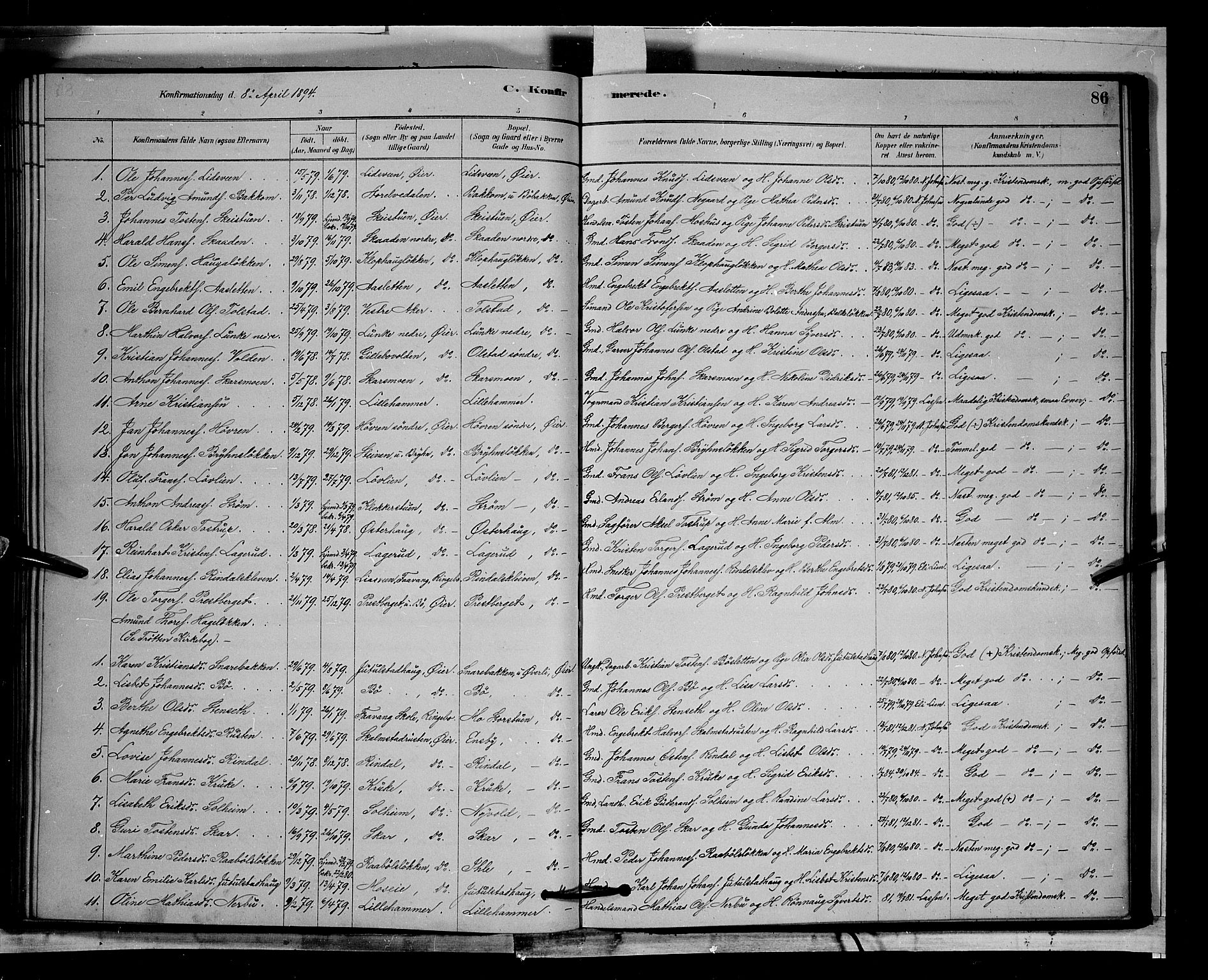 Øyer prestekontor, AV/SAH-PREST-084/H/Ha/Hab/L0002: Klokkerbok nr. 2, 1878-1896, s. 86