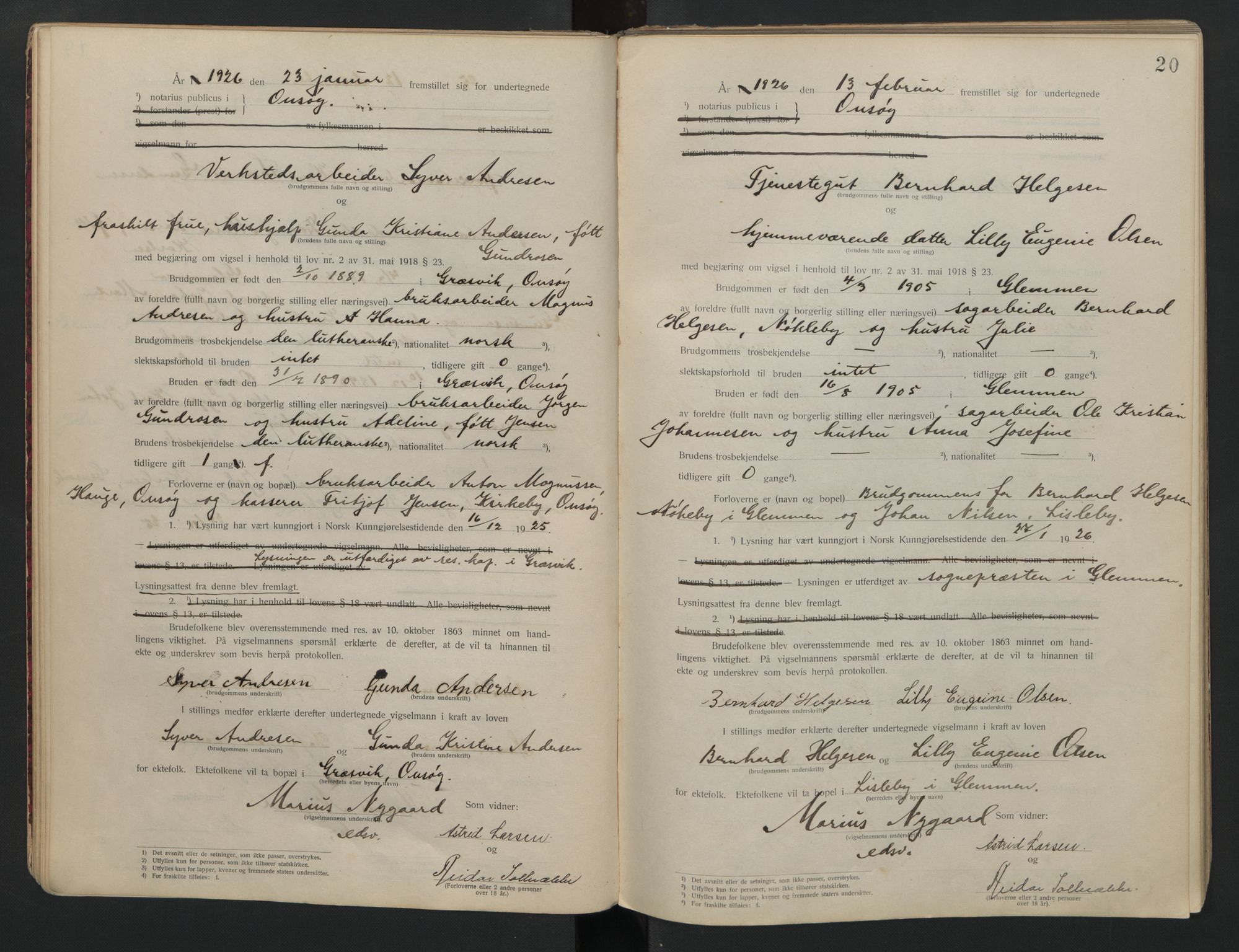 Onsøy sorenskriveri, AV/SAO-A-10474/L/La/L0001: Vigselsbok, 1920-1942, s. 20
