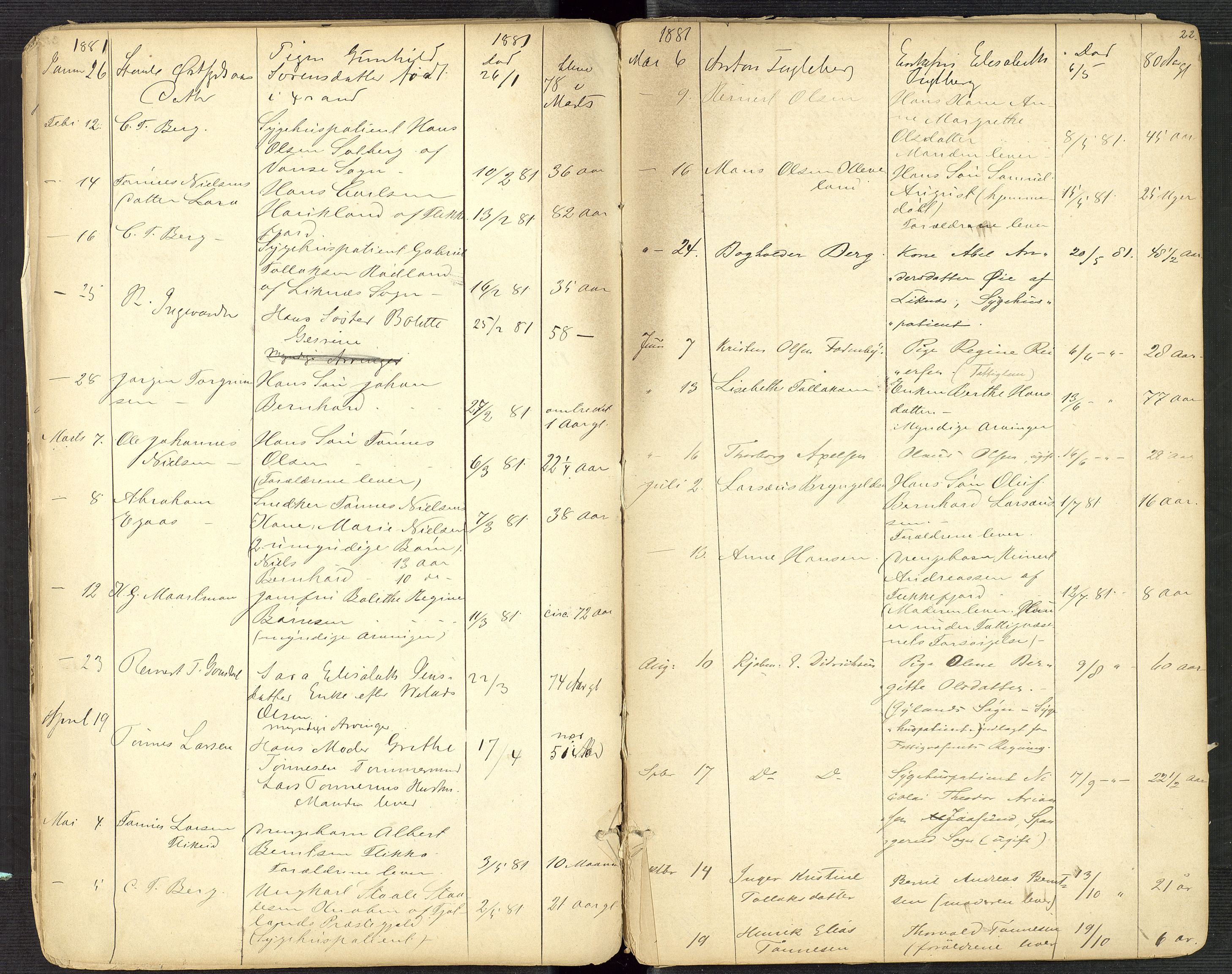 Flekkefjord byfogd, AV/SAK-1222-0002/H/Ha/L0001: Dødsfallsfortegnelse, defekt, nr 1, 1864-1907, s. 22
