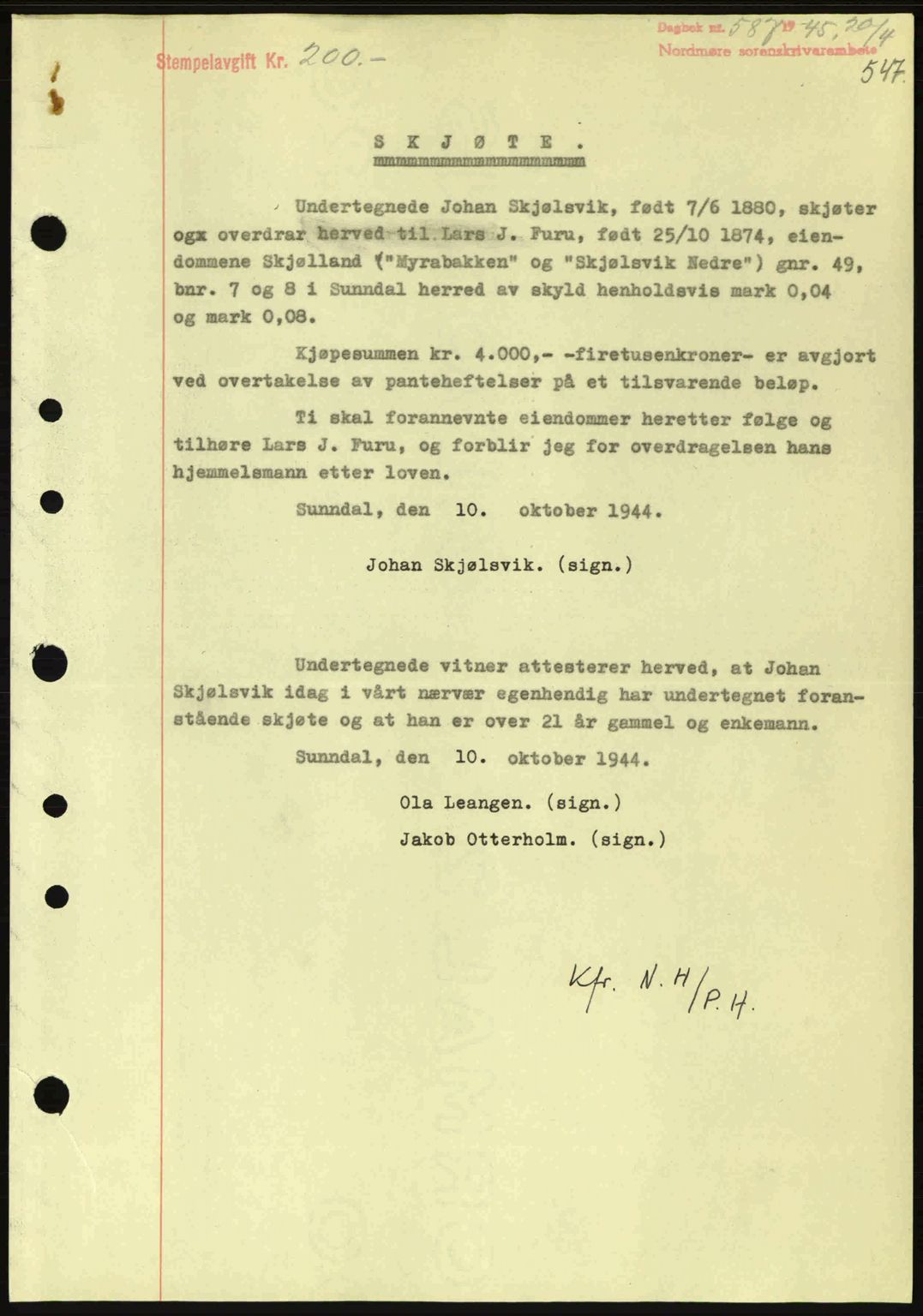 Nordmøre sorenskriveri, SAT/A-4132/1/2/2Ca: Pantebok nr. A99, 1945-1945, Dagboknr: 587/1945