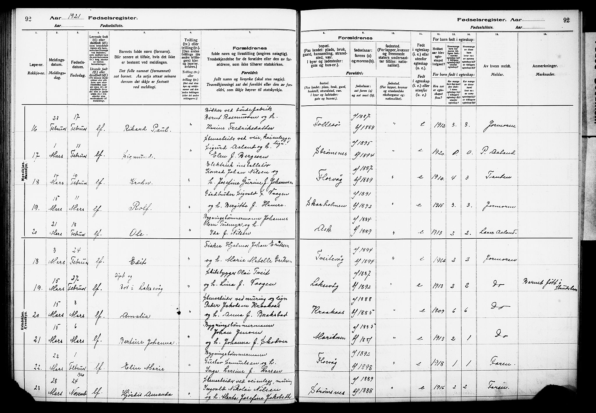 Askøy Sokneprestembete, AV/SAB-A-74101/I/Id/L00A1: Fødselsregister nr. A 1, 1916-1928, s. 92