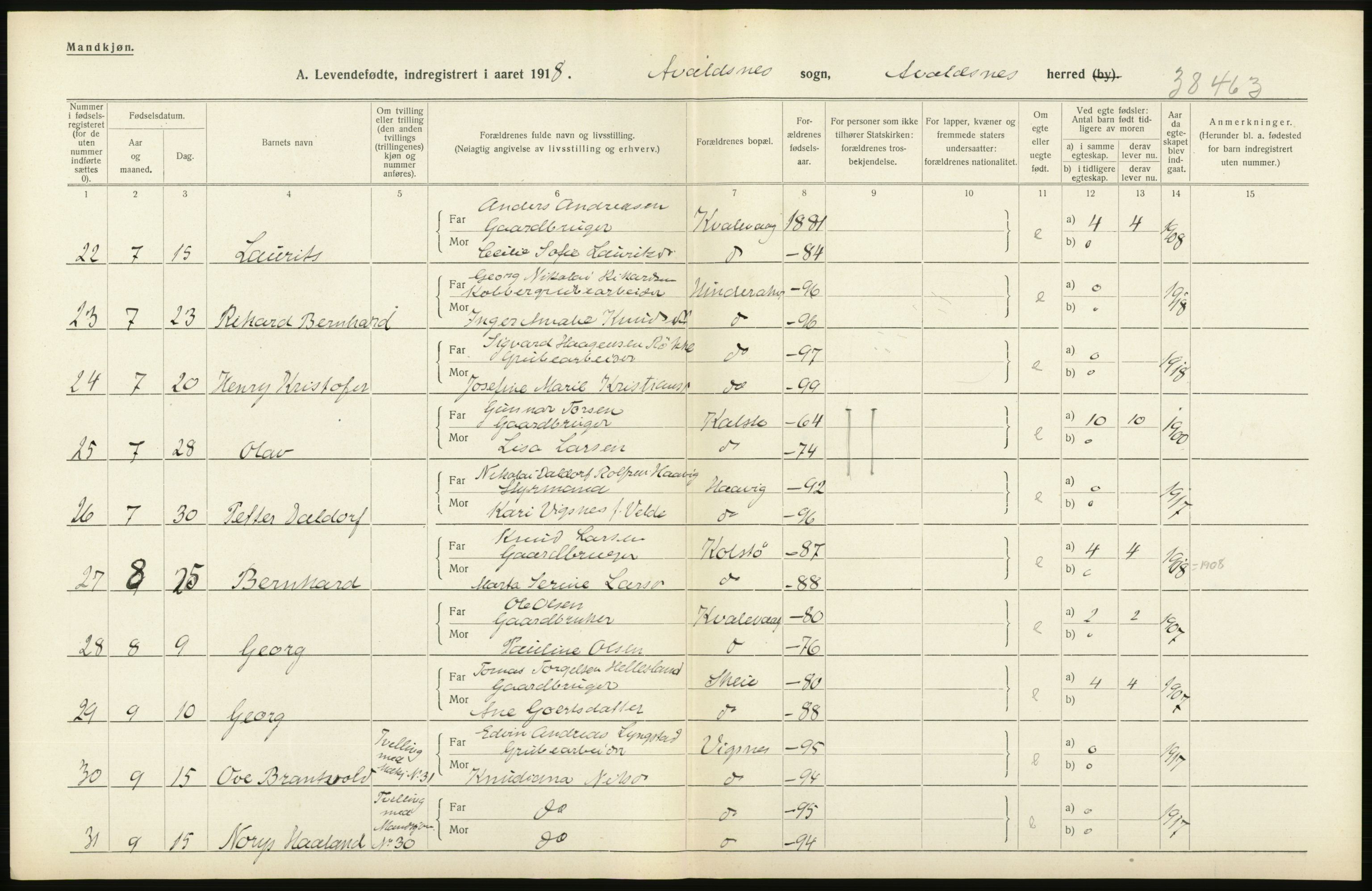 Statistisk sentralbyrå, Sosiodemografiske emner, Befolkning, AV/RA-S-2228/D/Df/Dfb/Dfbh/L0031: Rogaland fylke: Levendefødte menn og kvinner. Bygder., 1918