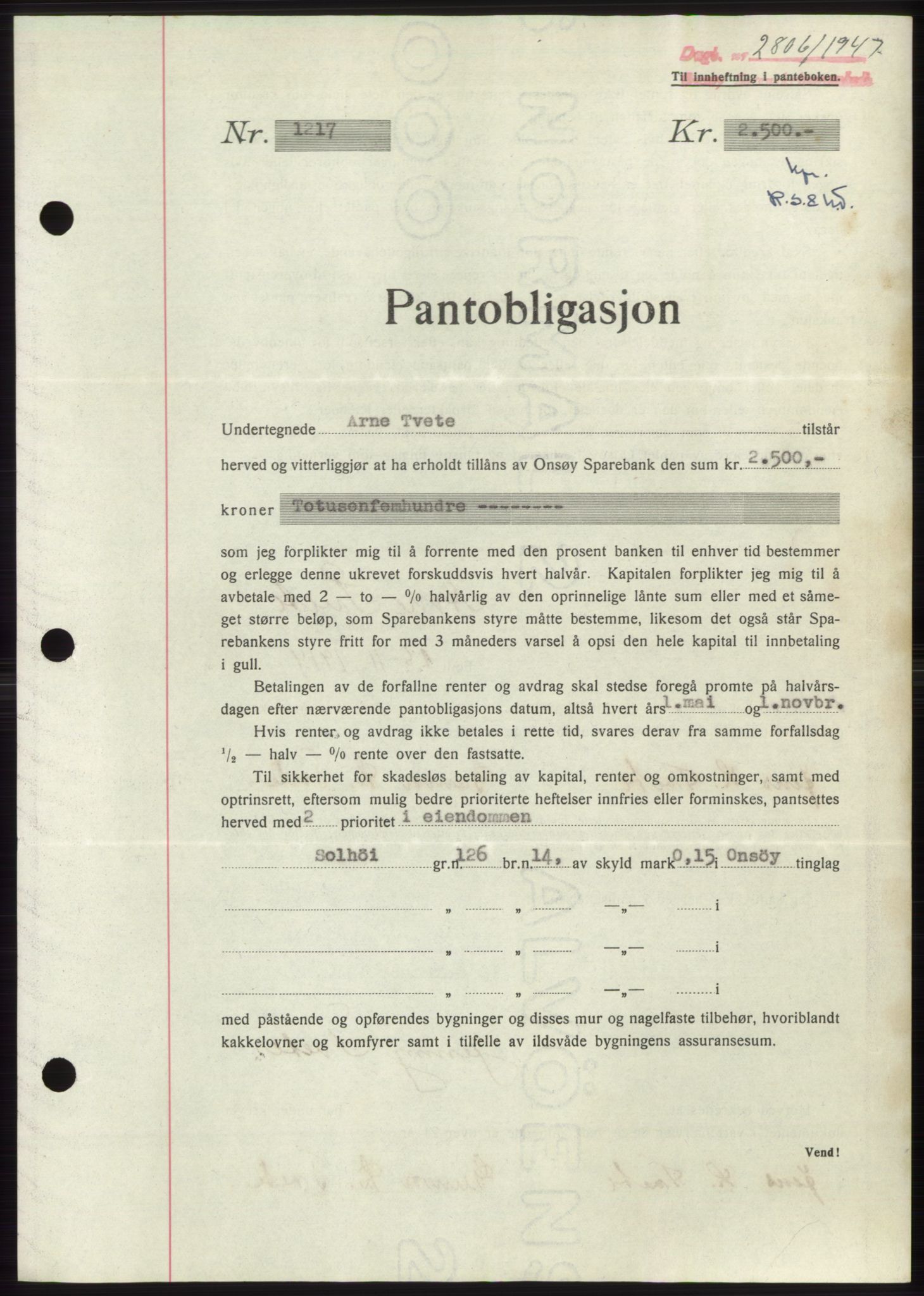 Onsøy sorenskriveri, SAO/A-10474/G/Ga/Gac/L0006: Pantebok nr. B 12-6, 1947-1948, Dagboknr: 2806/1947