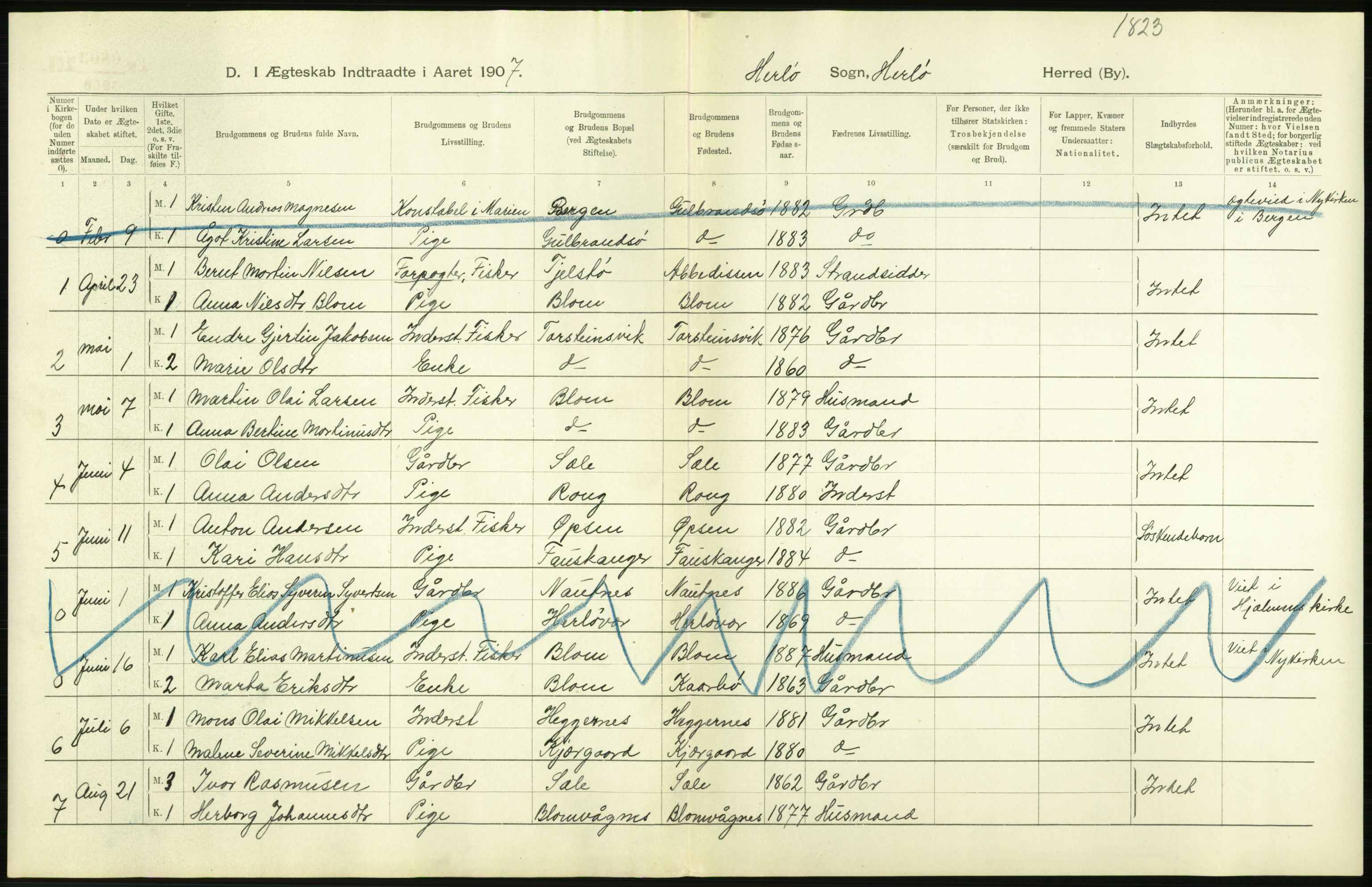 Statistisk sentralbyrå, Sosiodemografiske emner, Befolkning, RA/S-2228/D/Df/Dfa/Dfae/L0029: S. Bergenhus amt: Gifte, dødfødte. Bygder., 1907, s. 4