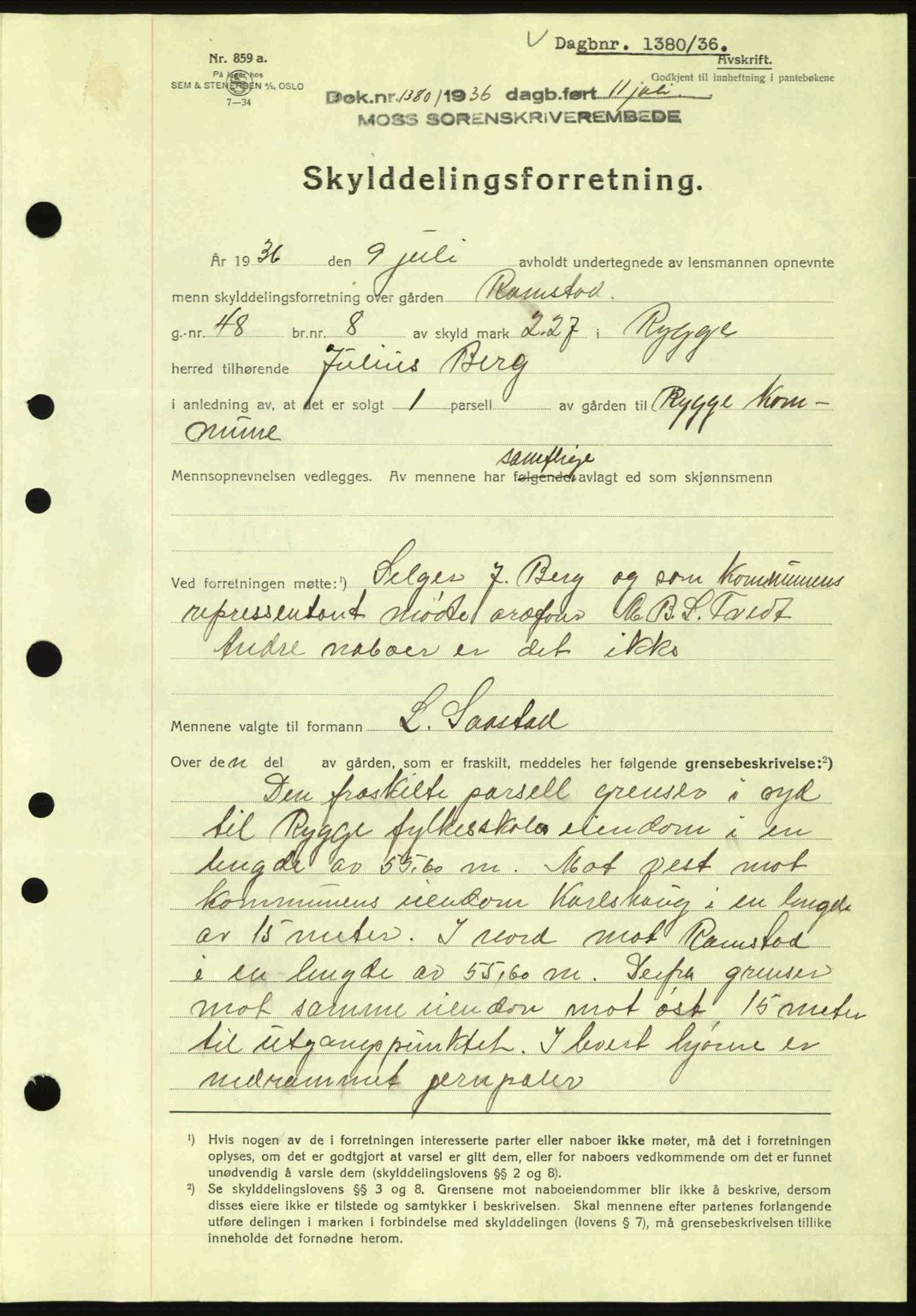 Moss sorenskriveri, SAO/A-10168: Pantebok nr. A1, 1936-1936, Dagboknr: 1380/1936