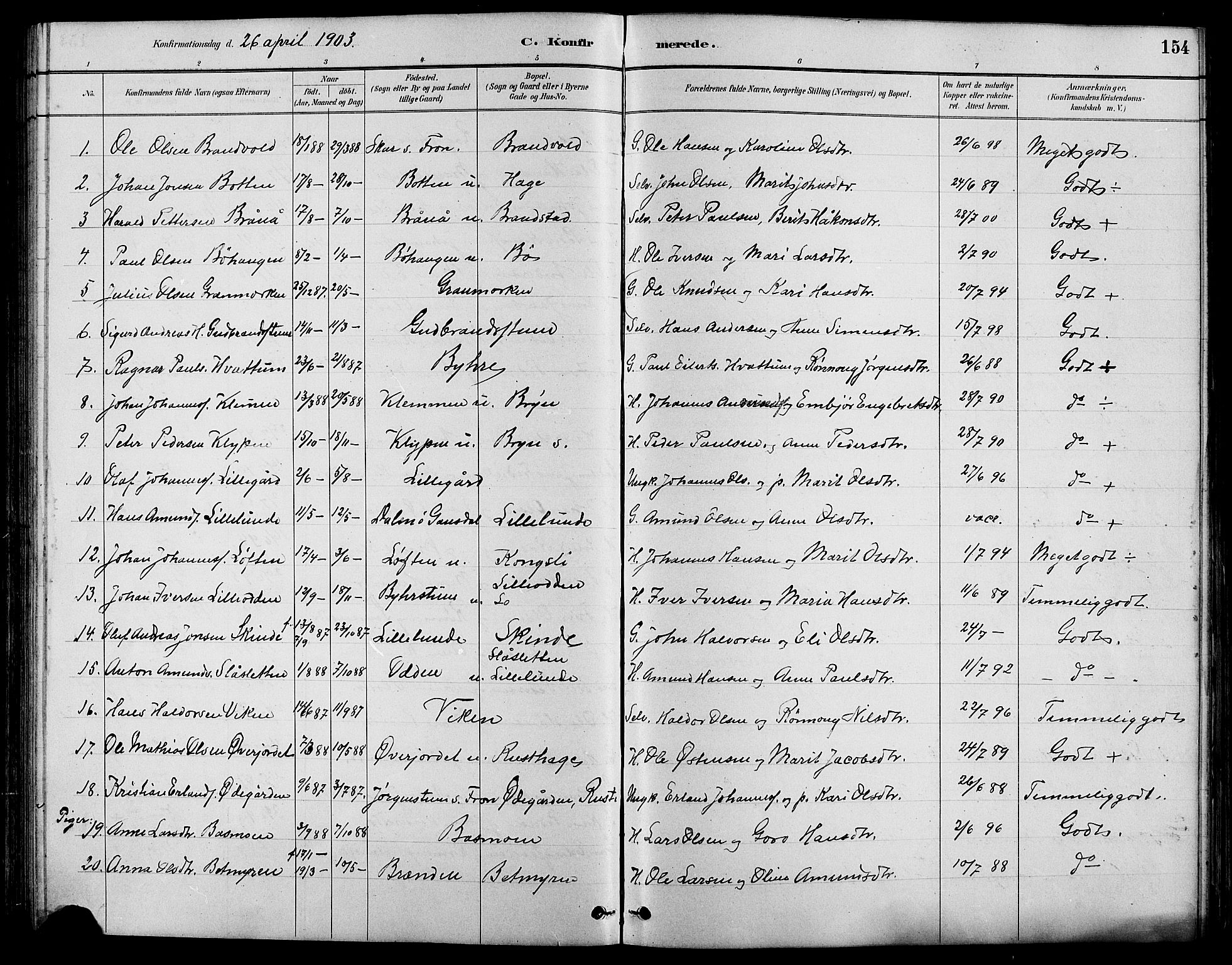Nord-Fron prestekontor, AV/SAH-PREST-080/H/Ha/Hab/L0004: Klokkerbok nr. 4, 1884-1914, s. 154