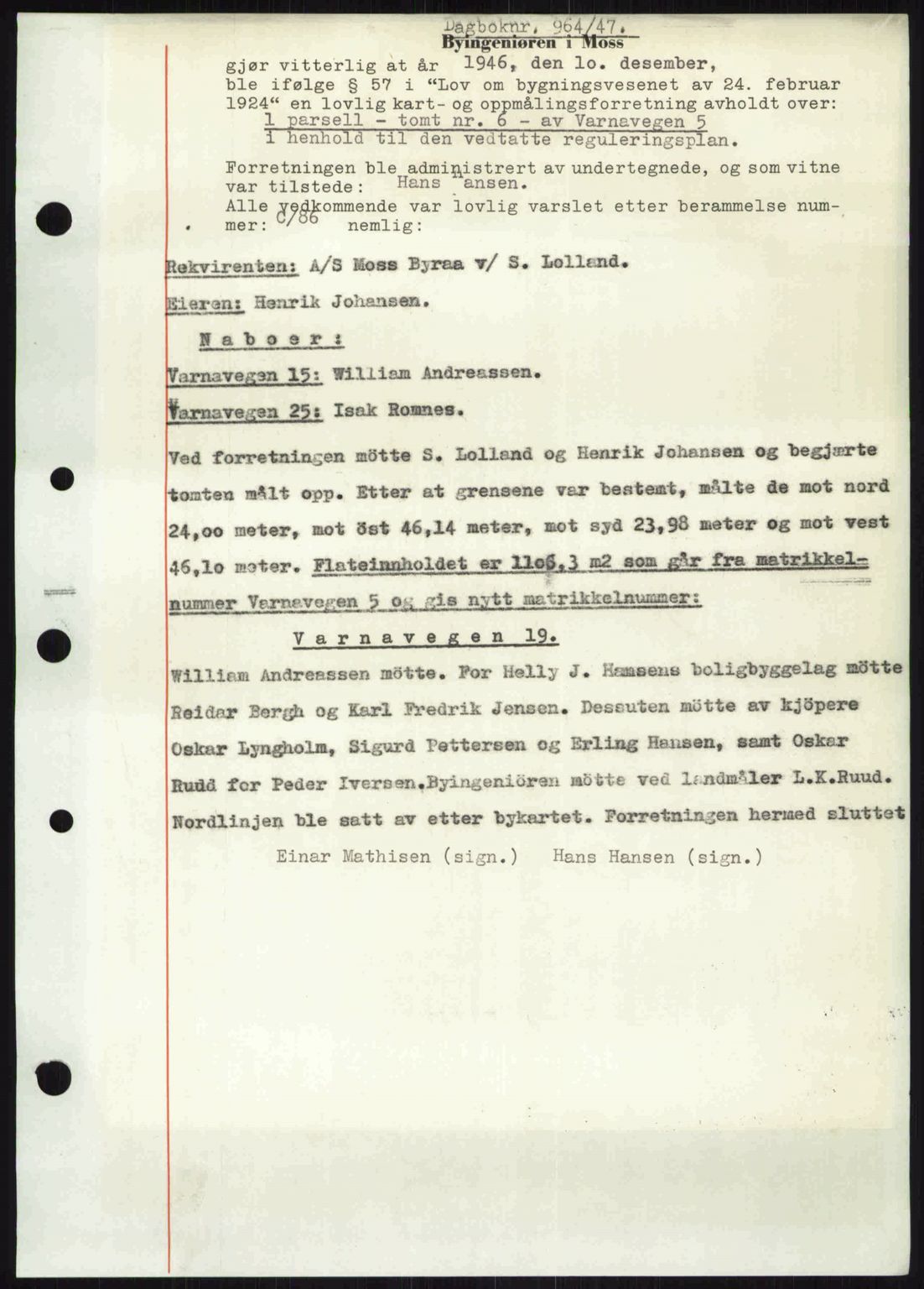 Moss sorenskriveri, SAO/A-10168: Pantebok nr. A17, 1947-1947, Dagboknr: 964/1947