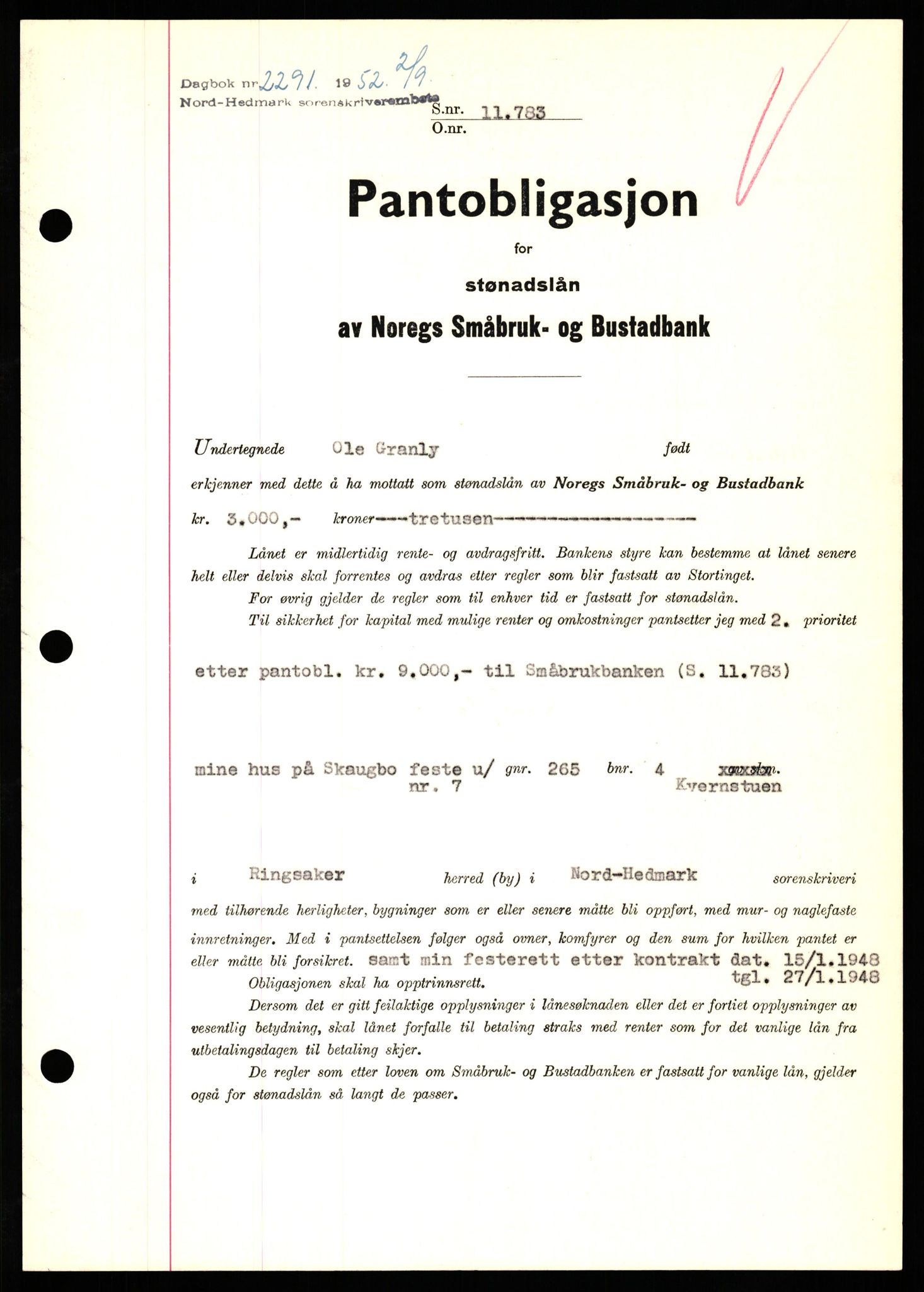 Nord-Hedmark sorenskriveri, SAH/TING-012/H/Hb/Hbf/L0025: Pantebok nr. B25, 1952-1952, Dagboknr: 2291/1952