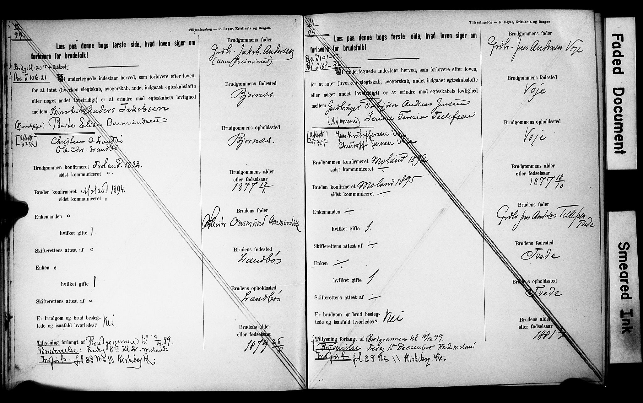 Austre Moland sokneprestkontor, AV/SAK-1111-0001/F/Fe/L0001: Lysningsprotokoll nr. A VI 10, 1895-1902