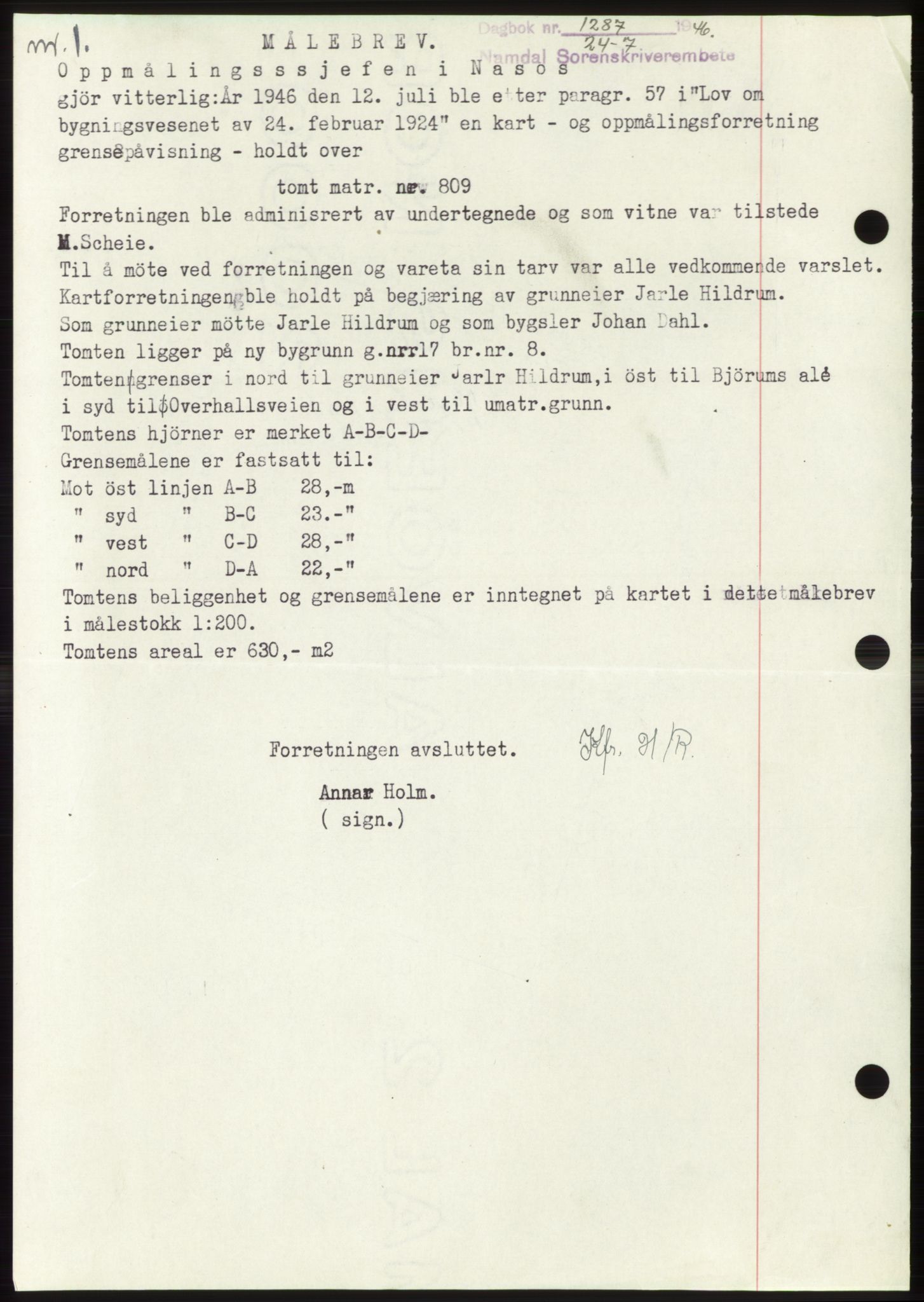 Namdal sorenskriveri, SAT/A-4133/1/2/2C: Pantebok nr. -, 1946-1946, Dagboknr: 1287/1946