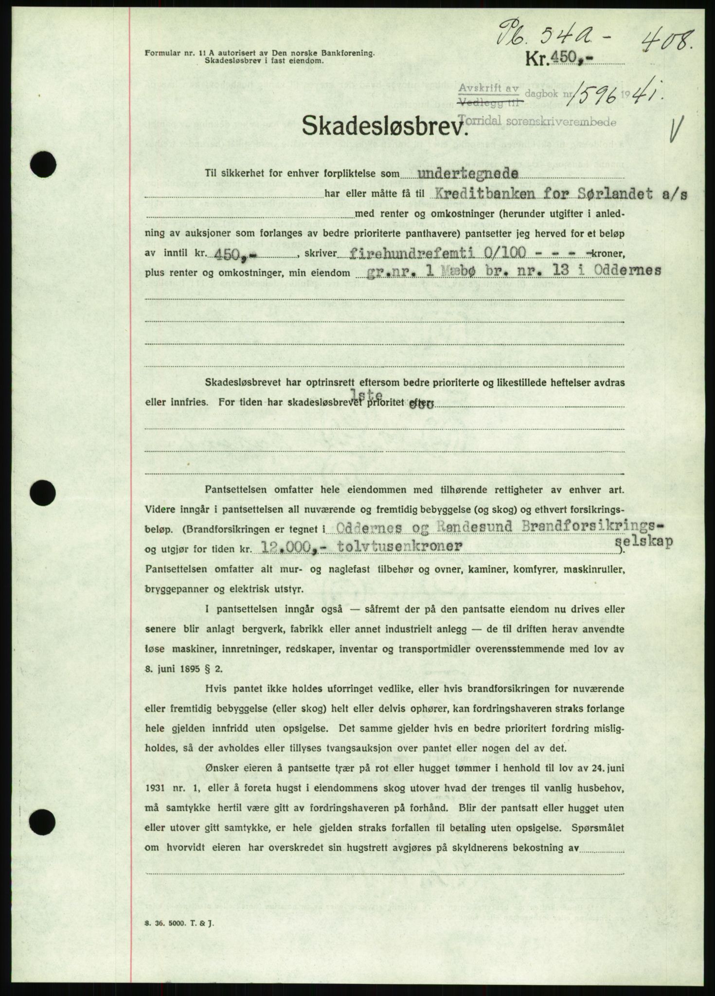 Torridal sorenskriveri, SAK/1221-0012/G/Gb/Gbb/L0008: Pantebok nr. 52b, 1940-1942, Dagboknr: 1596/1941