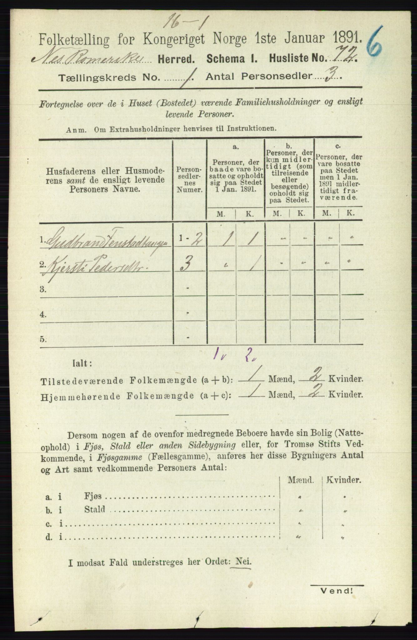 RA, Folketelling 1891 for 0236 Nes herred, 1891, s. 116