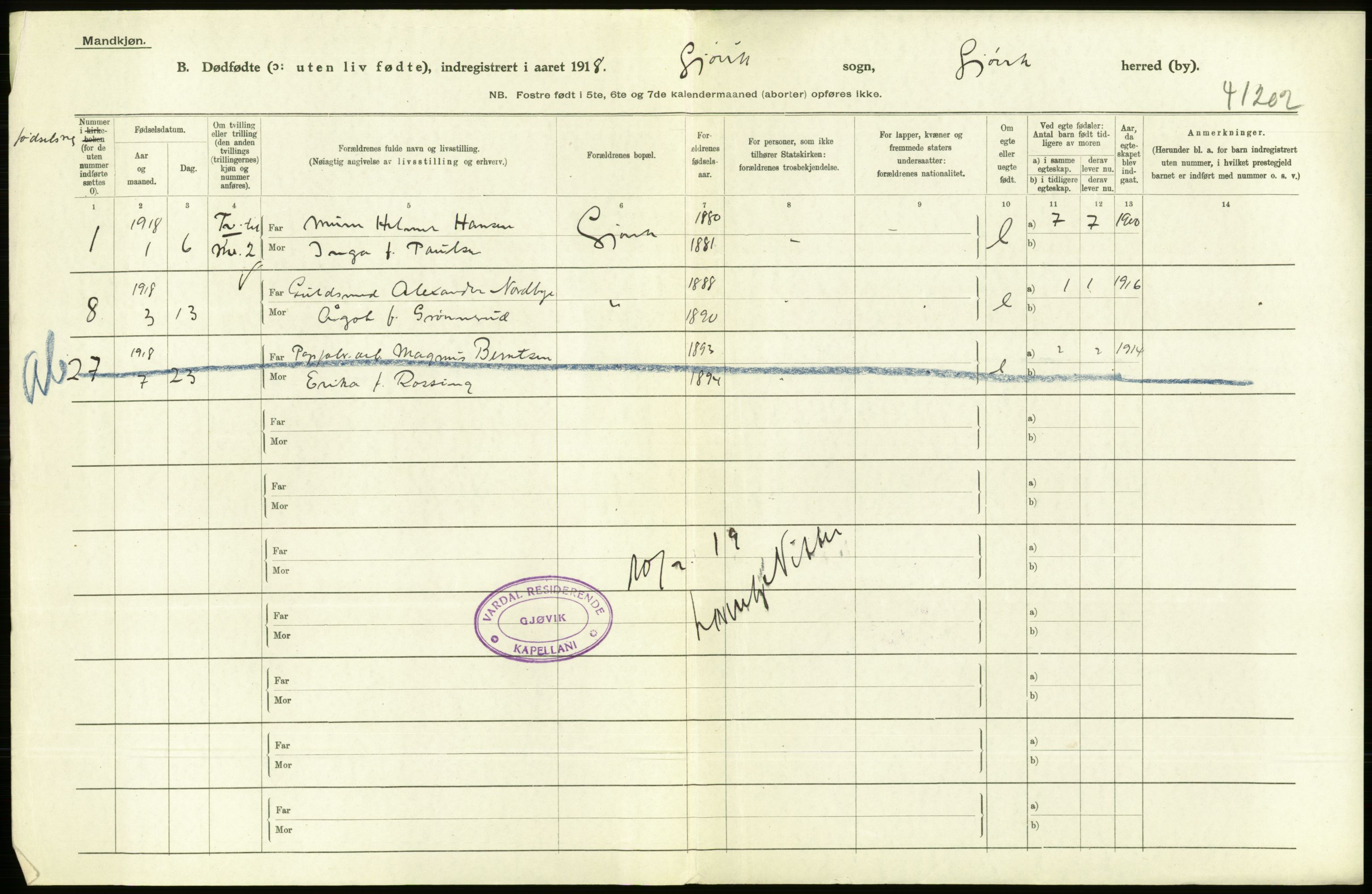 Statistisk sentralbyrå, Sosiodemografiske emner, Befolkning, RA/S-2228/D/Df/Dfb/Dfbh/L0016: Oppland fylke: Gifte, dødfødte. Bygder og byer., 1918, s. 261