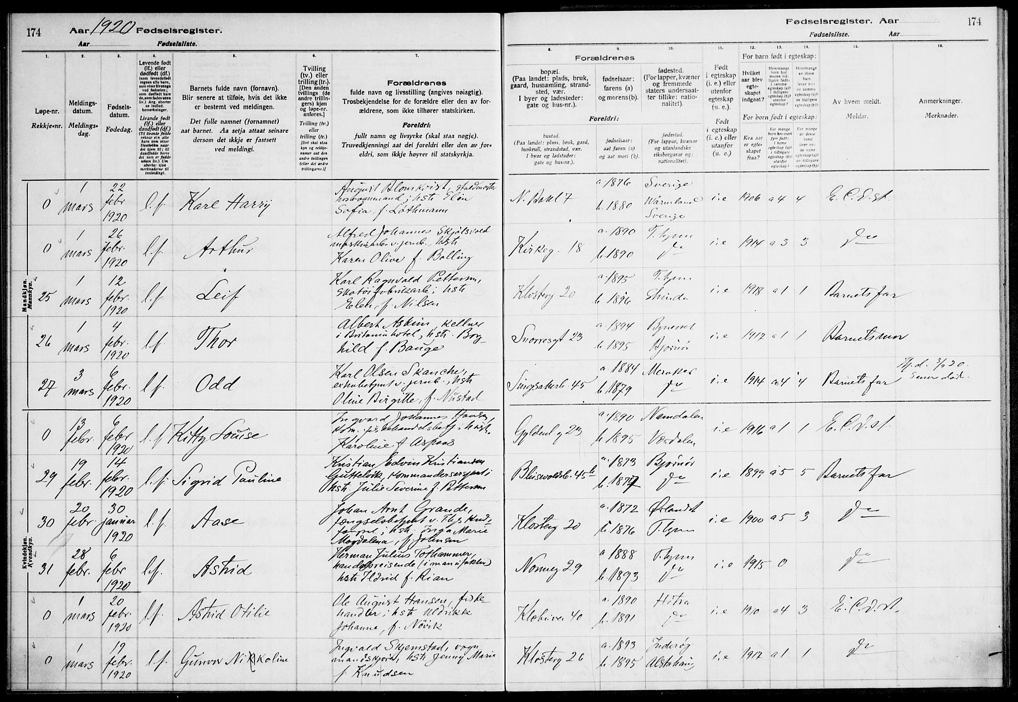 Ministerialprotokoller, klokkerbøker og fødselsregistre - Sør-Trøndelag, AV/SAT-A-1456/604/L0232: Fødselsregister nr. 604.II.4.1, 1916-1920, s. 174