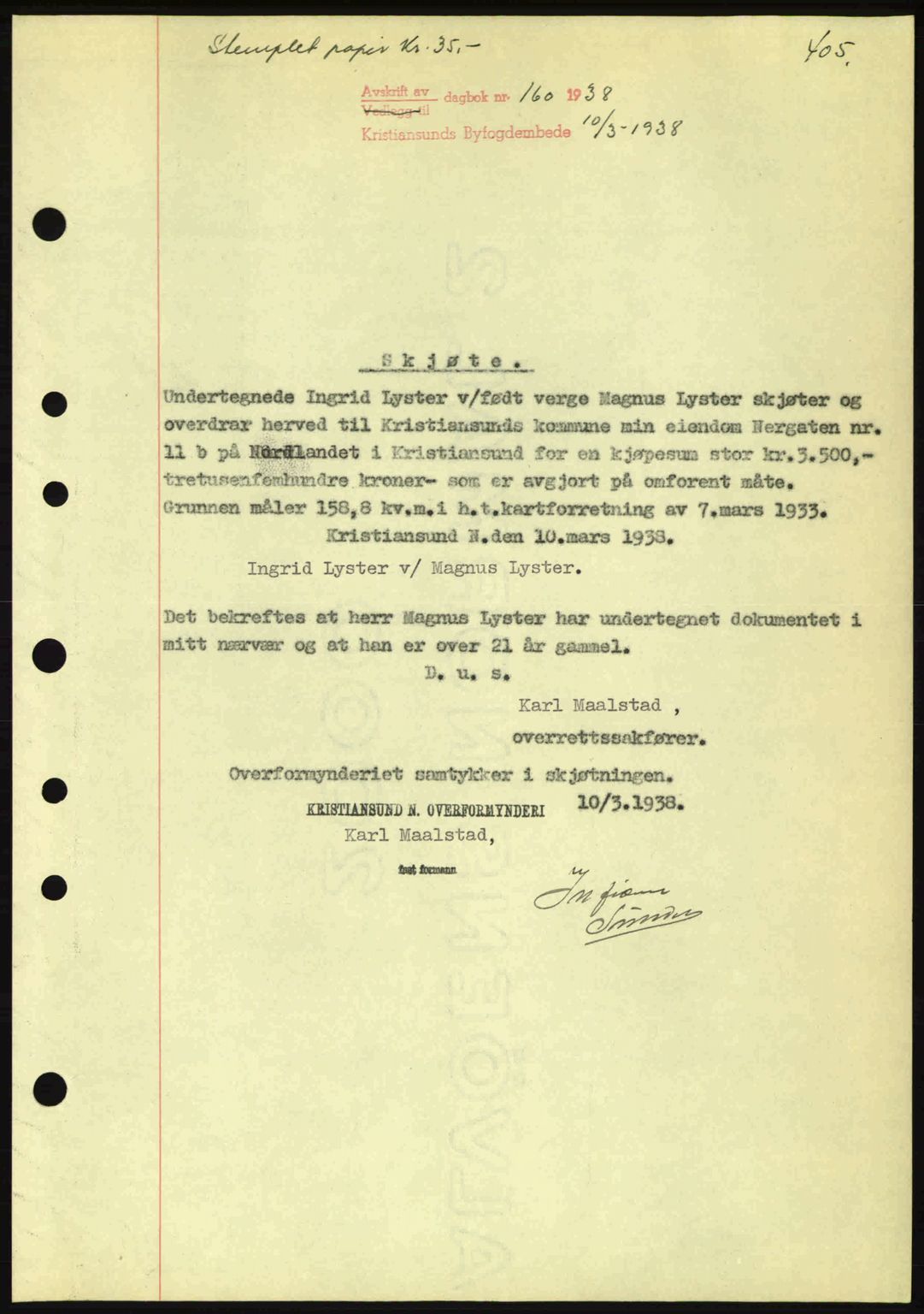 Kristiansund byfogd, AV/SAT-A-4587/A/27: Pantebok nr. 30, 1936-1941, Dagboknr: 160/1938