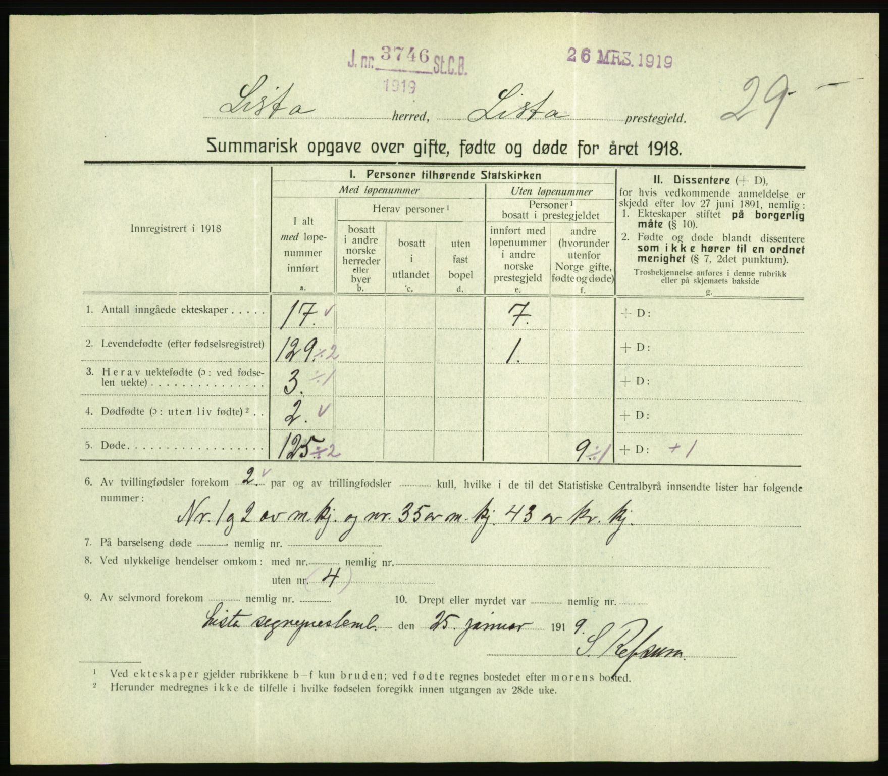 Statistisk sentralbyrå, Sosiodemografiske emner, Befolkning, RA/S-2228/D/Df/Dfb/Dfbh/L0059: Summariske oppgaver over gifte, fødte og døde for hele landet., 1918, s. 725